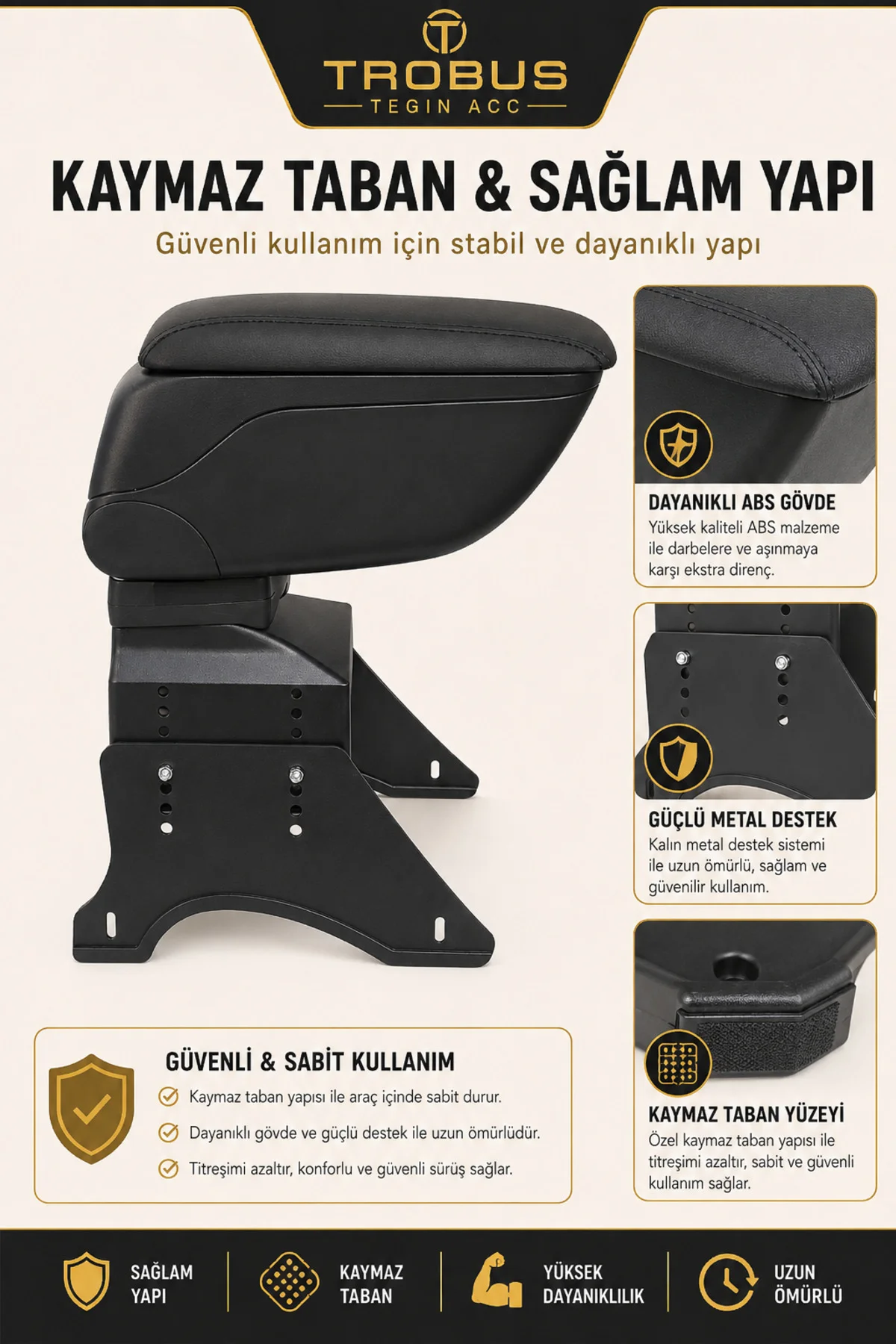 Renault R19 1989-2000 Uyumlu Siyah Ayaklı Sürgülü Kolçak Ayarlanabilir Yükseklikli