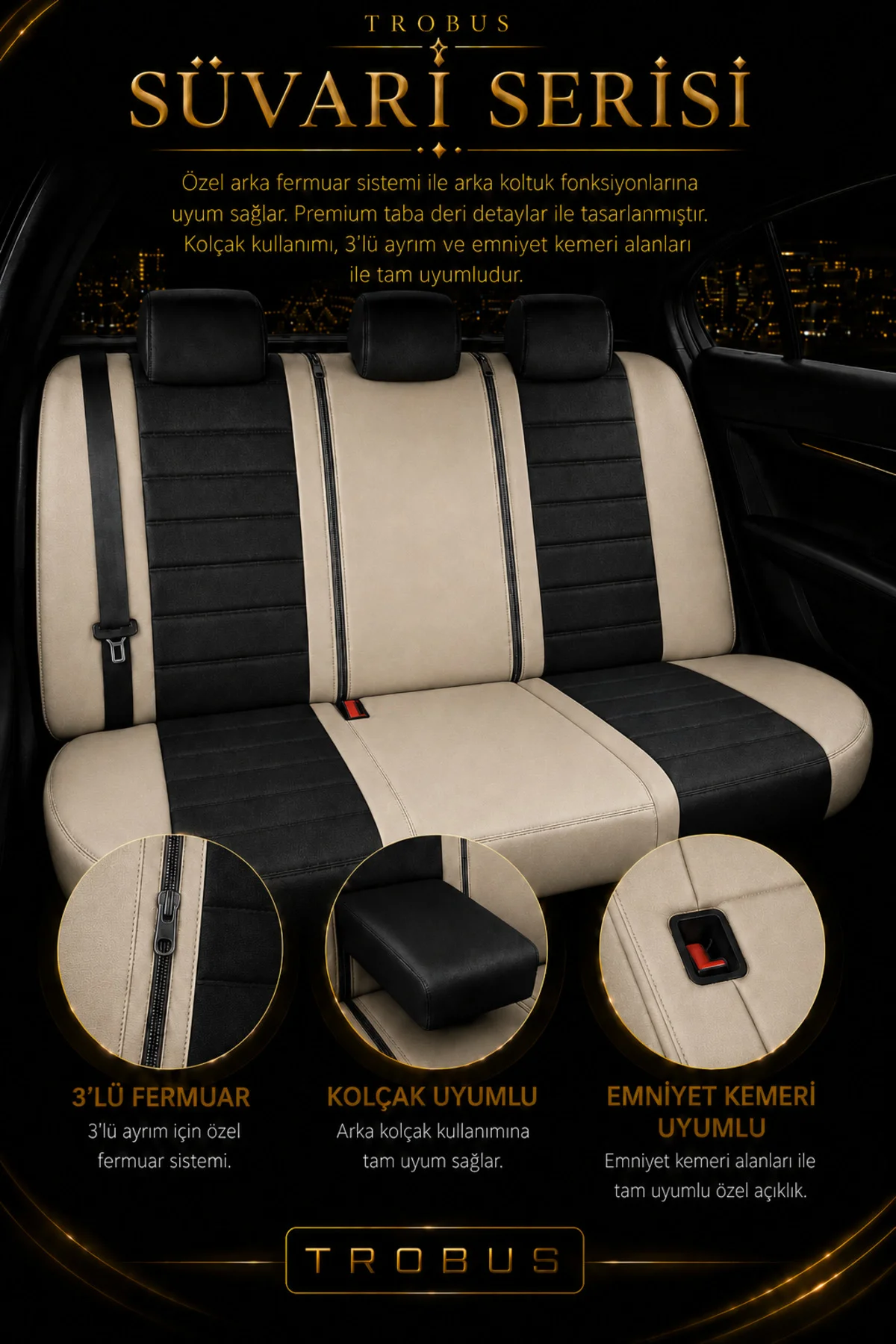 Renault R9 Broadway 1990-2000 Uyumlu Süvari Serisi Siyah Bej Premium Tay Tüyü Koltuk Kılıfı