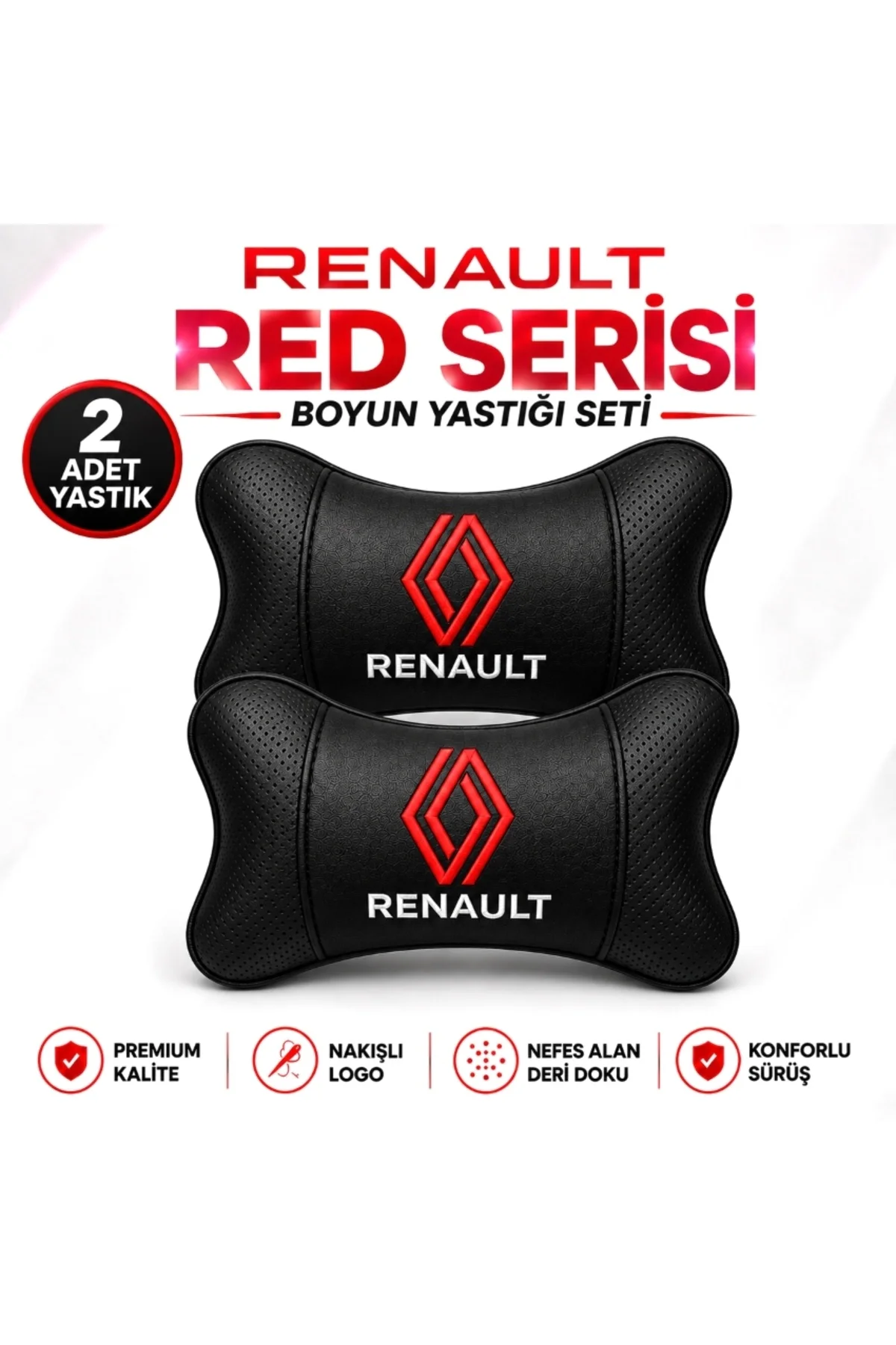 Renault Red Serisi 4 Parça Oto Aksesuar Seti – 2 Boyun Yastığı + 2 Emniyet Kemer Pedi, Siyah Suni Deri, Kırmızı Nakışlı Yeni Renault Logo, Konfor Seti - Görsel 2