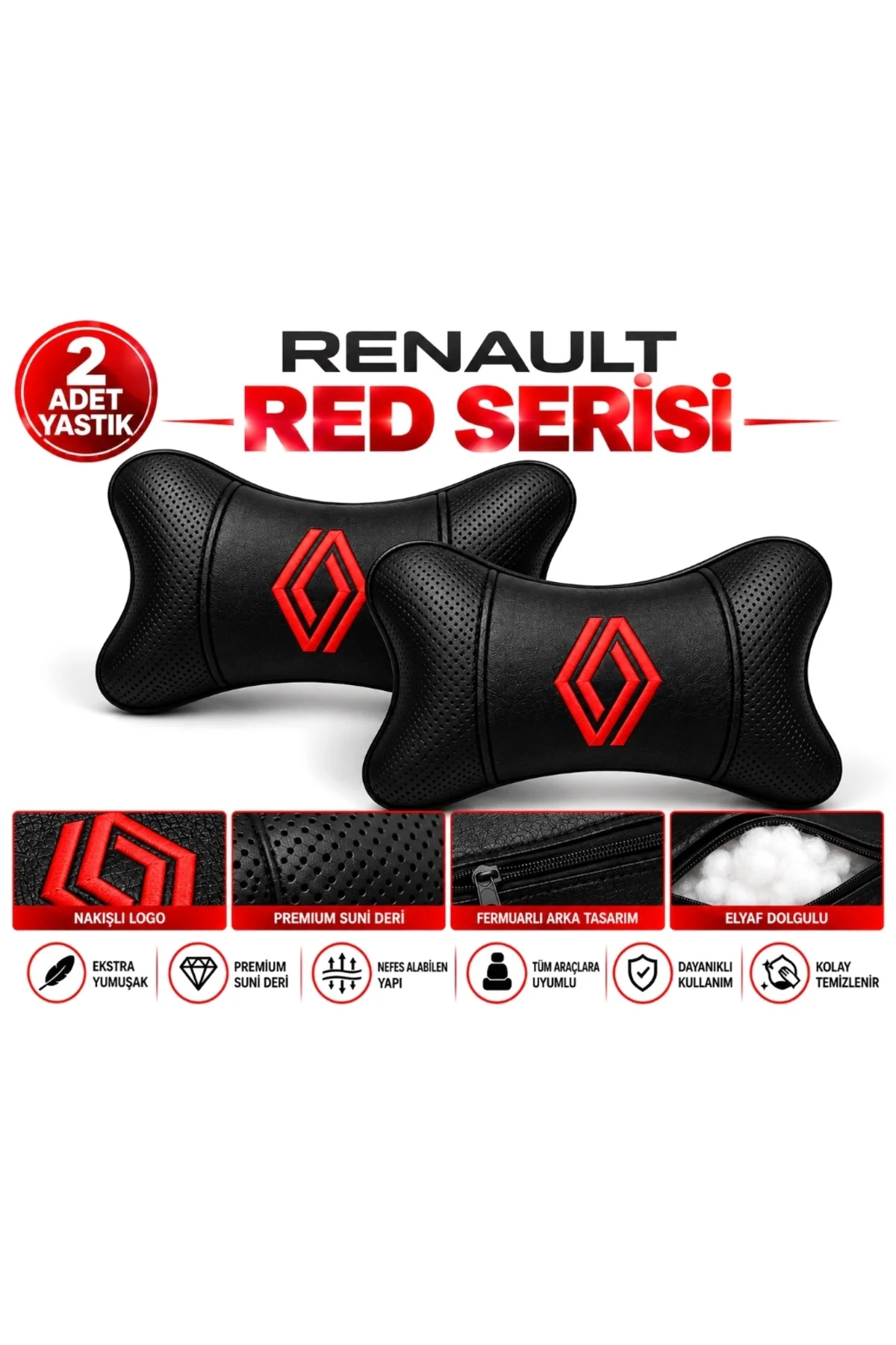 Renault Red Serisi Sade Logo 4 Parça Oto Aksesuar Seti – 2 Boyun Yastığı + 2 Emniyet Kemer Pedi, Kırmızı Nakışlı Yeni Renault Logo, Konfor Seti - Görsel 2
