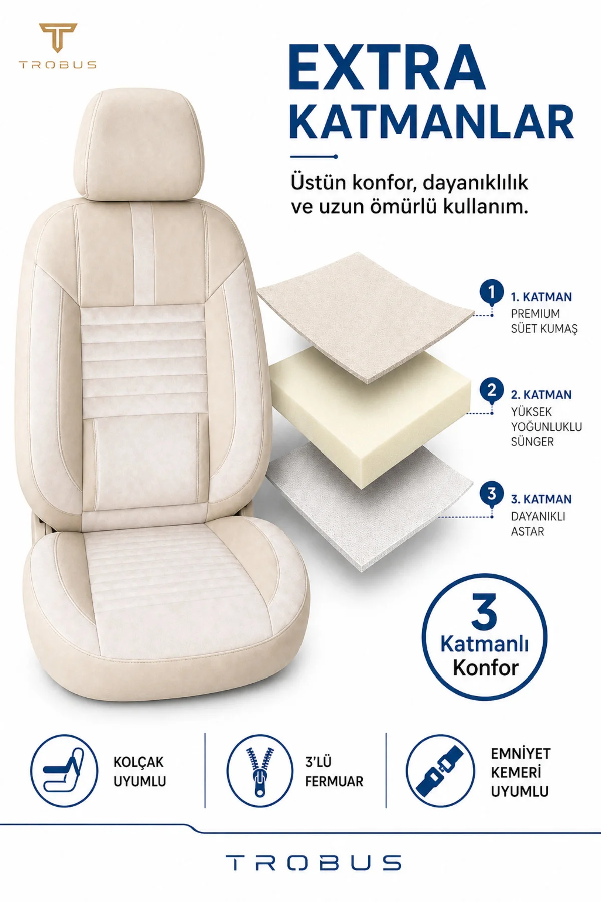Renault Symbol 2008+ Uyumlu Apex Serisi Tay Tüyü Bel Destekli Bej Premium Koltuk Kılıfı