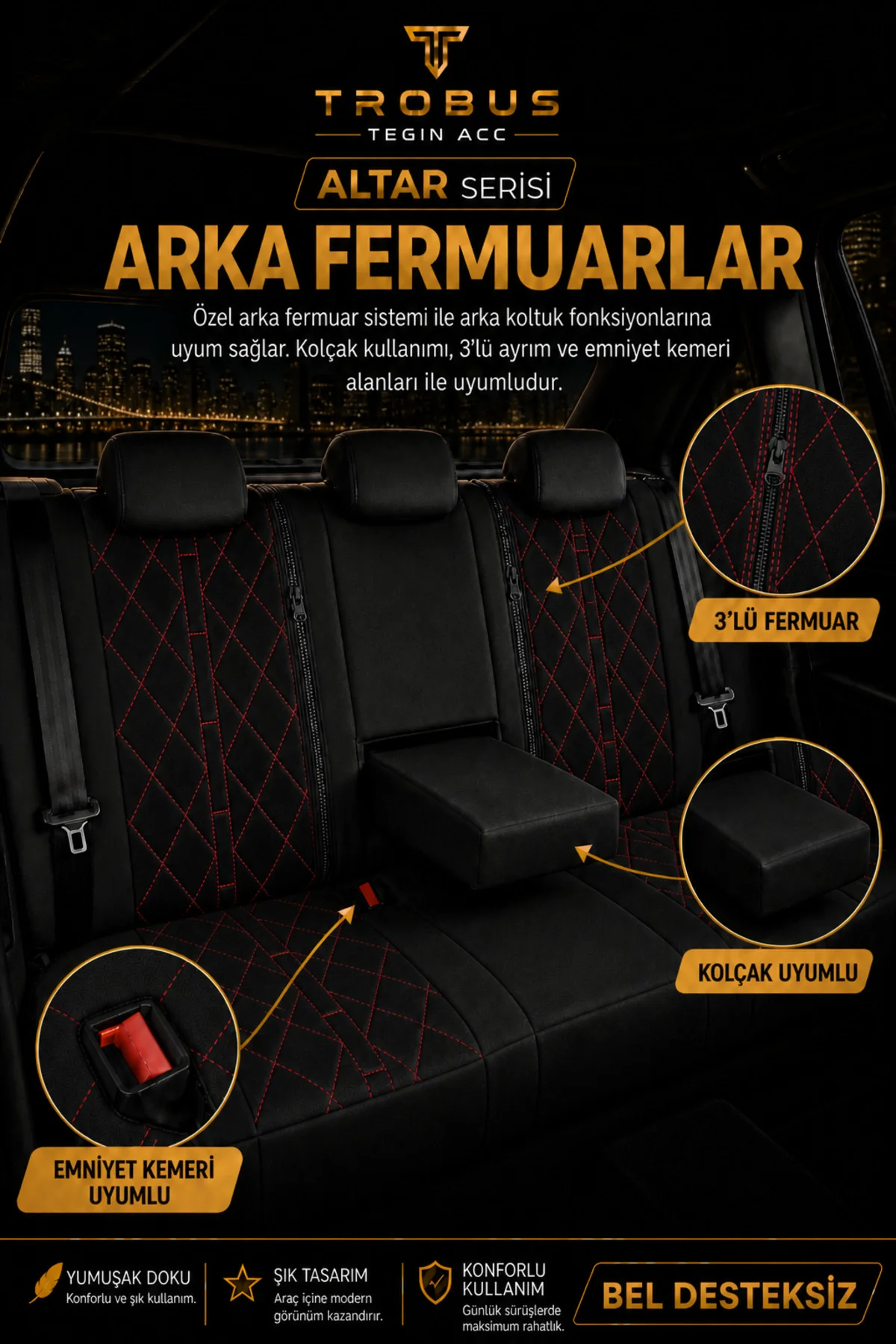 Renault Symbol 2008+ Uyumlu Altar Serisi Tay Tüyü Siyah Kırmızı Premium Koltuk Kılıfı