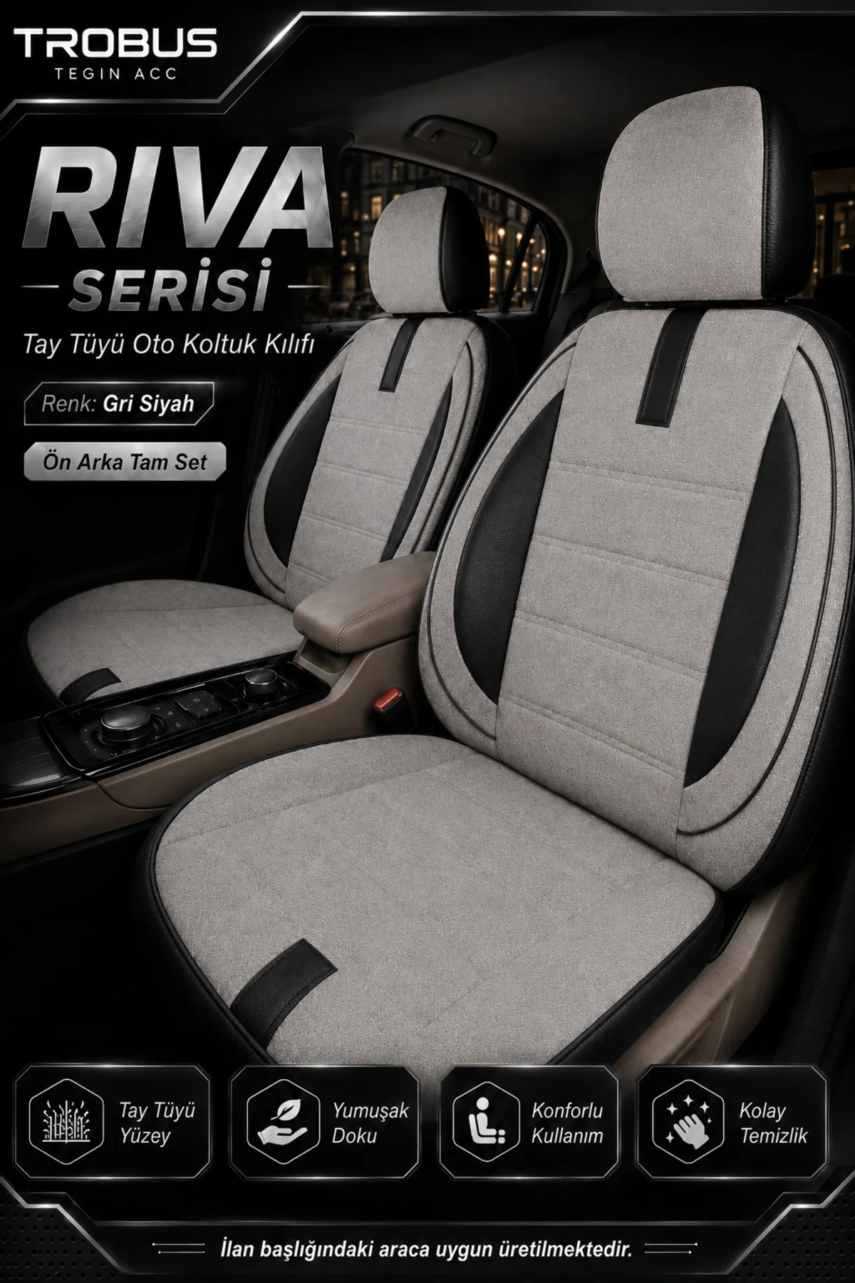 Renault Symbol 2008+ Uyumlu Riva Serisi Tay Tüyü Otropedik Gri Siyah Premium Koltuk Kılıfı