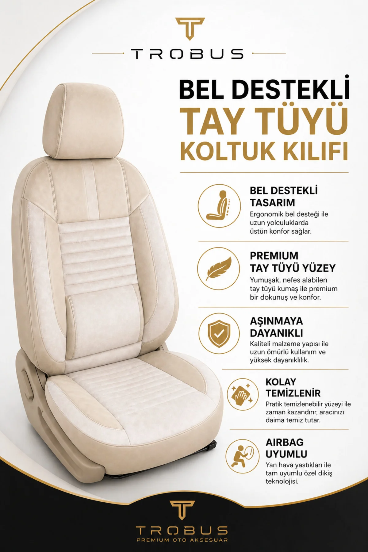 Renault Symbol 2008+ Uyumlu Apex Serisi Tay Tüyü Bel Destekli Bej Premium Koltuk Kılıfı