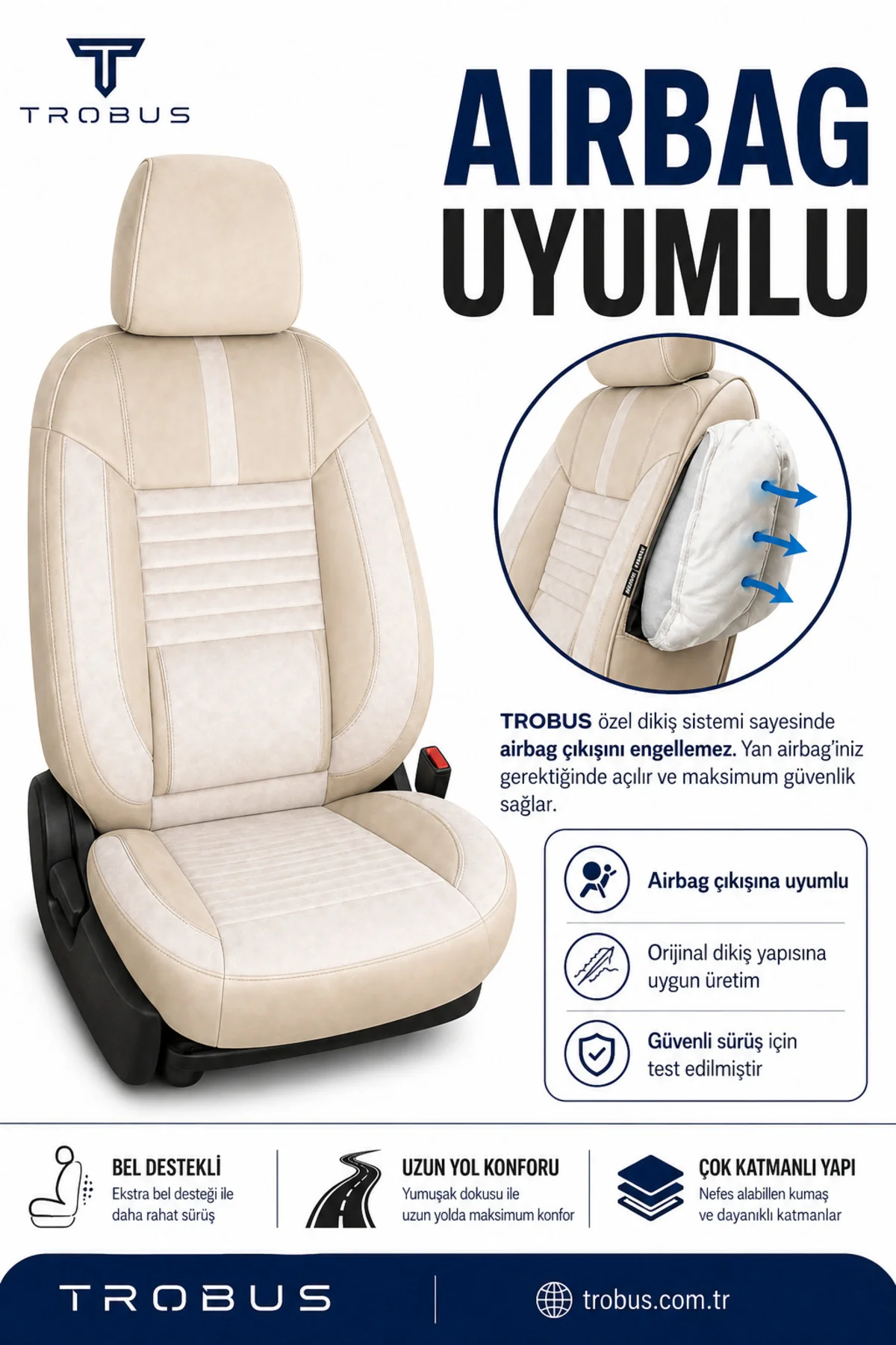Renault Symbol 2008+ Uyumlu Apex Serisi Tay Tüyü Bel Destekli Bej Premium Koltuk Kılıfı