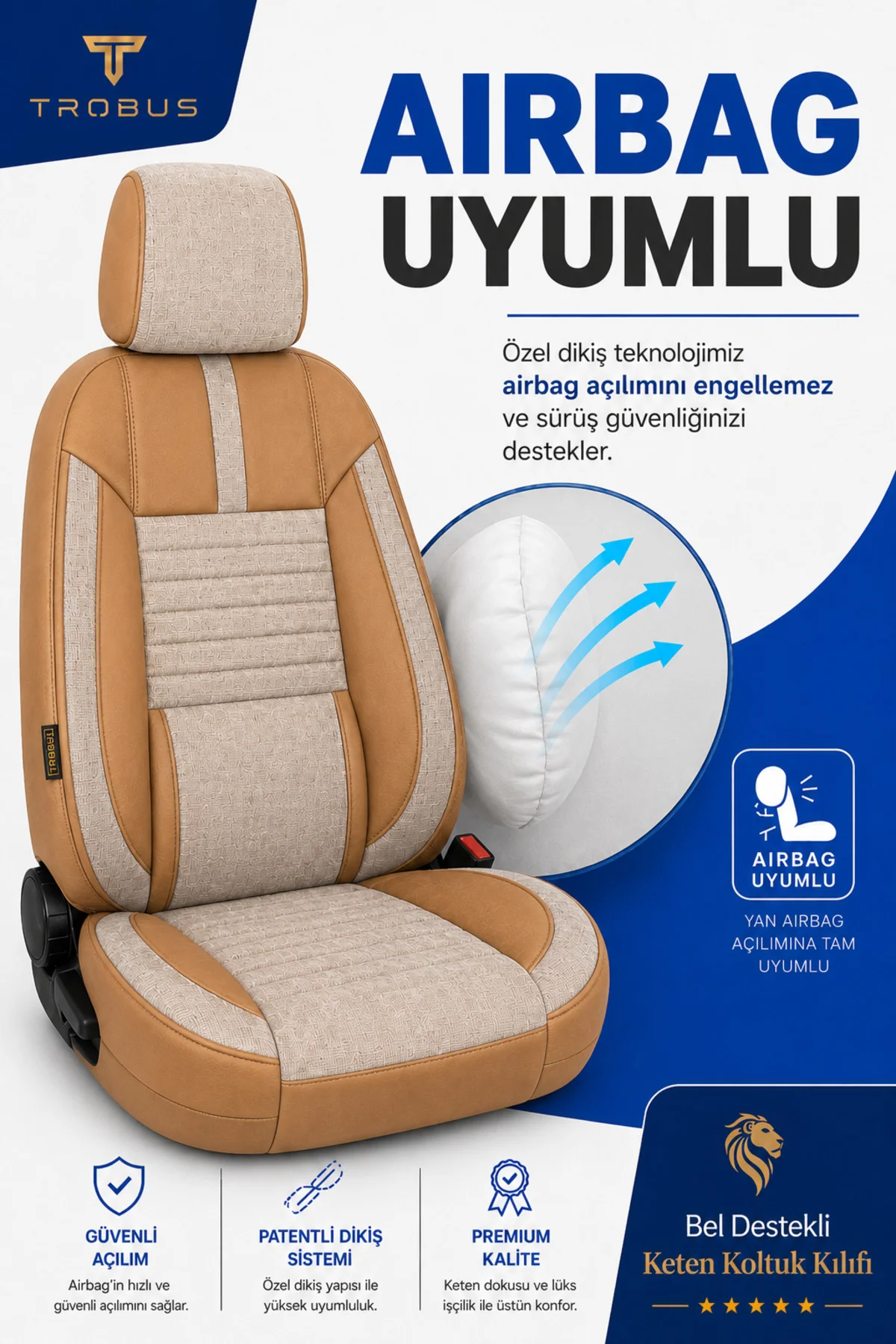 Renault Symbol 2008+ Uyumlu Apex Linen Bel Destekli Keten Bej Taba Koltuk Kılıfı