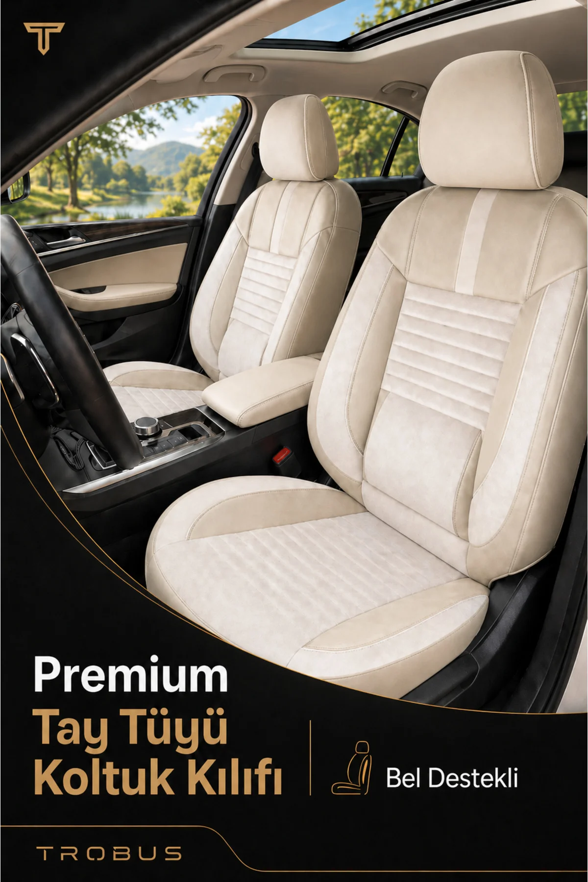 Renault Symbol 2008+ Uyumlu Apex Serisi Tay Tüyü Bel Destekli Bej Premium Koltuk Kılıfı