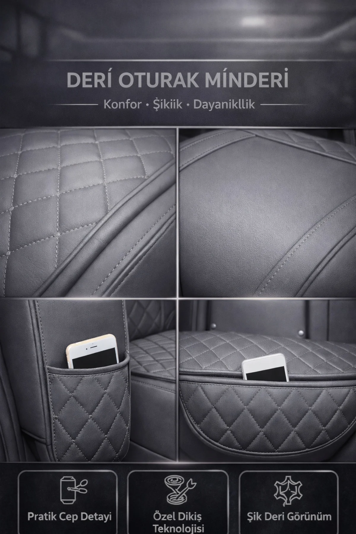 Renault Symbol 2008 ve Sonrası Uyumlu 3 Parça Deri Oturak Minder Gri