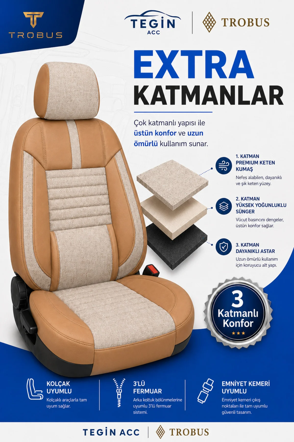 Renault Symbol 2008+ Uyumlu Apex Linen Bel Destekli Keten Bej Taba Koltuk Kılıfı