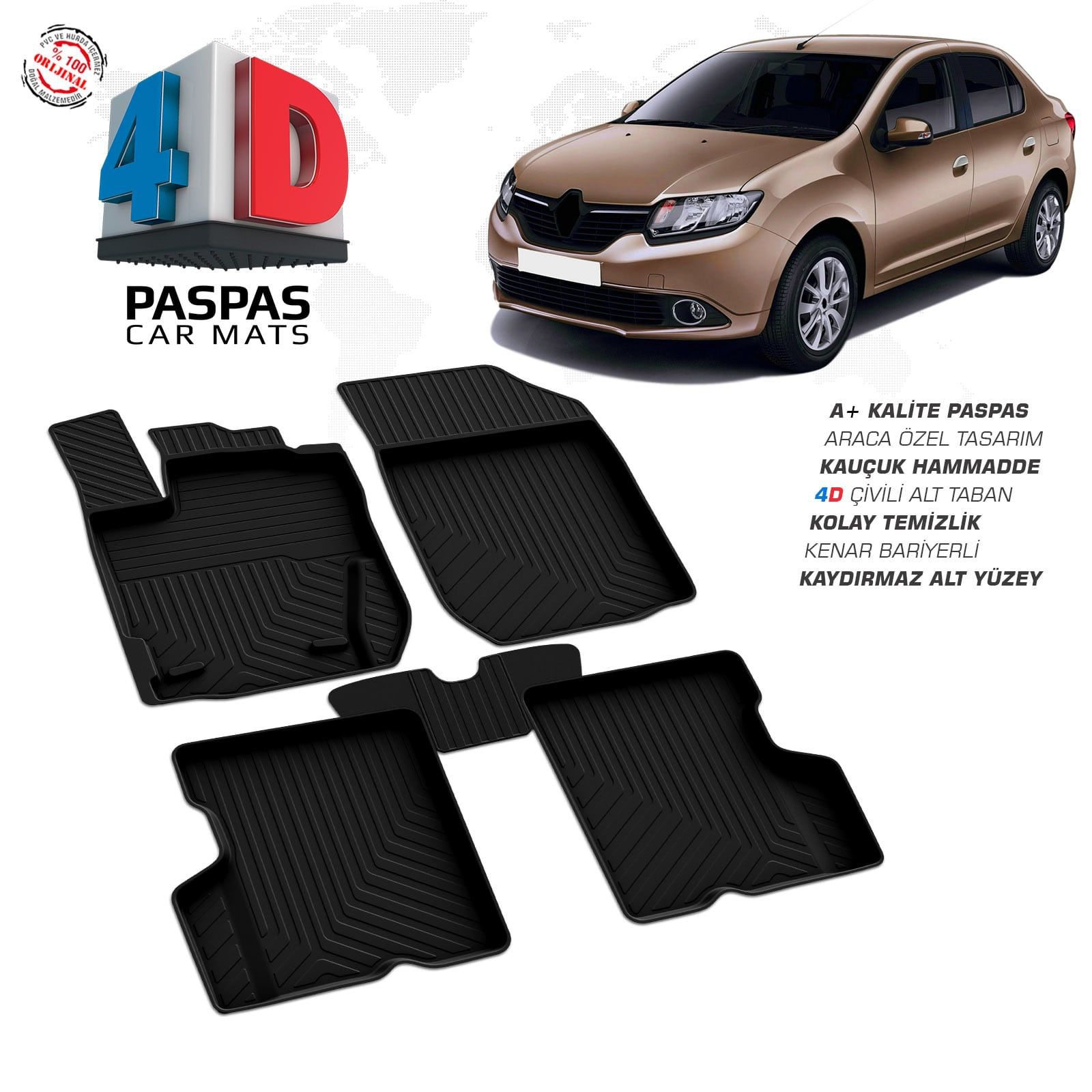 Renault Symbol 3 4D Araca Özel Havuzlu Kauçuk Paspas  2013 ve Üze
