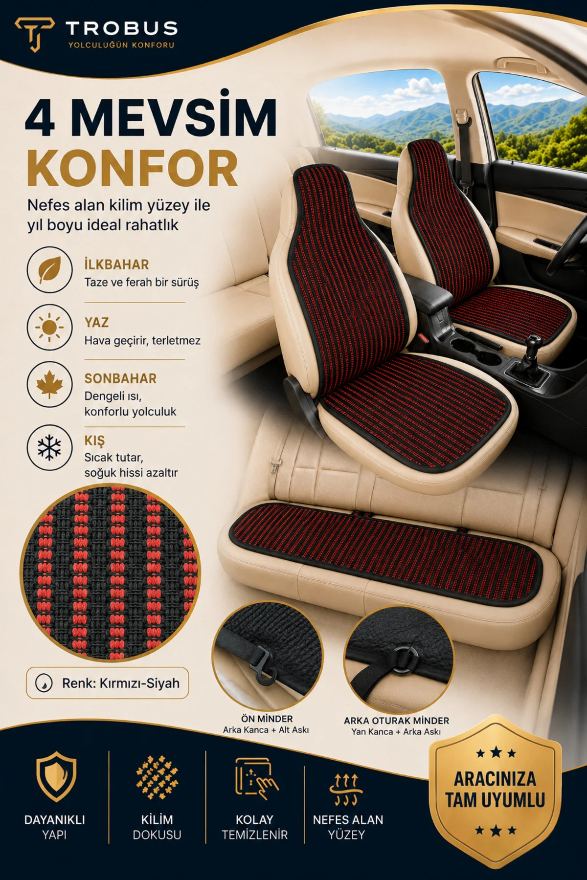 Renault Taliant 2021 ve Sonrası Uyumlu Örme Kilim 3 Parça Minder Siyah Kırmızı