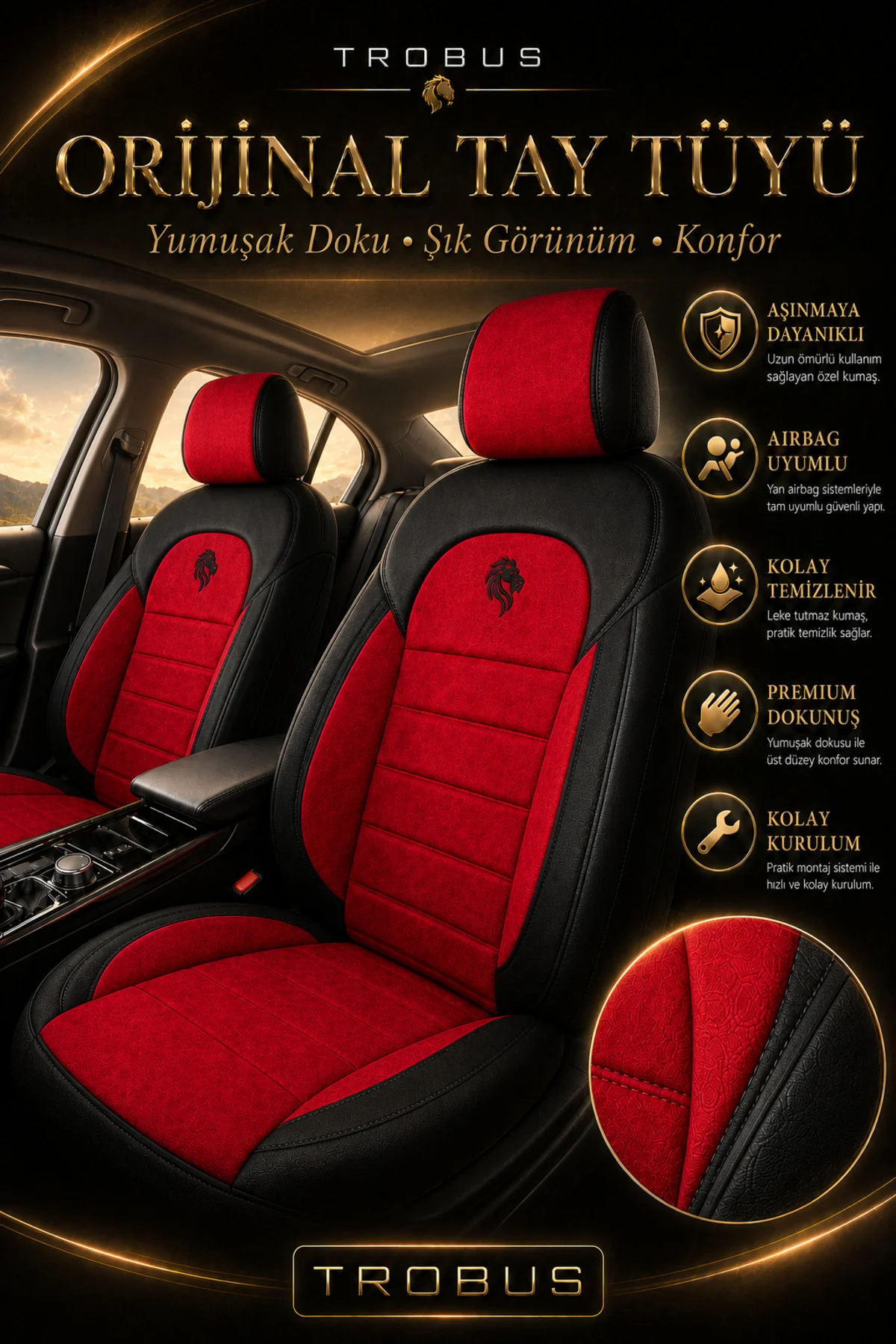 Renault Talisman 2016 ve Sonrası Uyumlu Lion Serisi Tay Tüyü Kırmızı Siyah Premium Koltuk Kılıfı Fiyatı, Yorumları ve Özellikleri