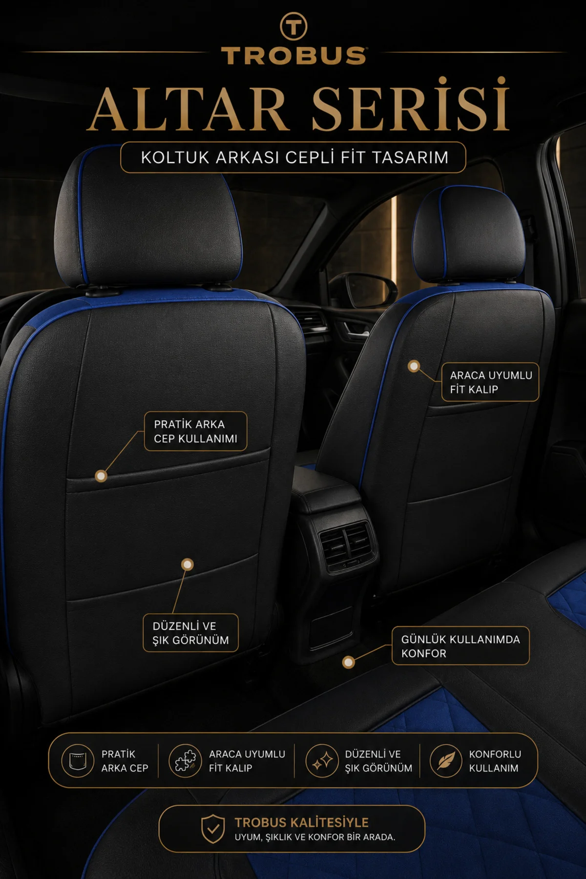 Renault Talisman 2016 ve Sonrası Uyumlu Altar Serisi Tay Tüyü Mavi Siyah Premium Koltuk Kılıfı