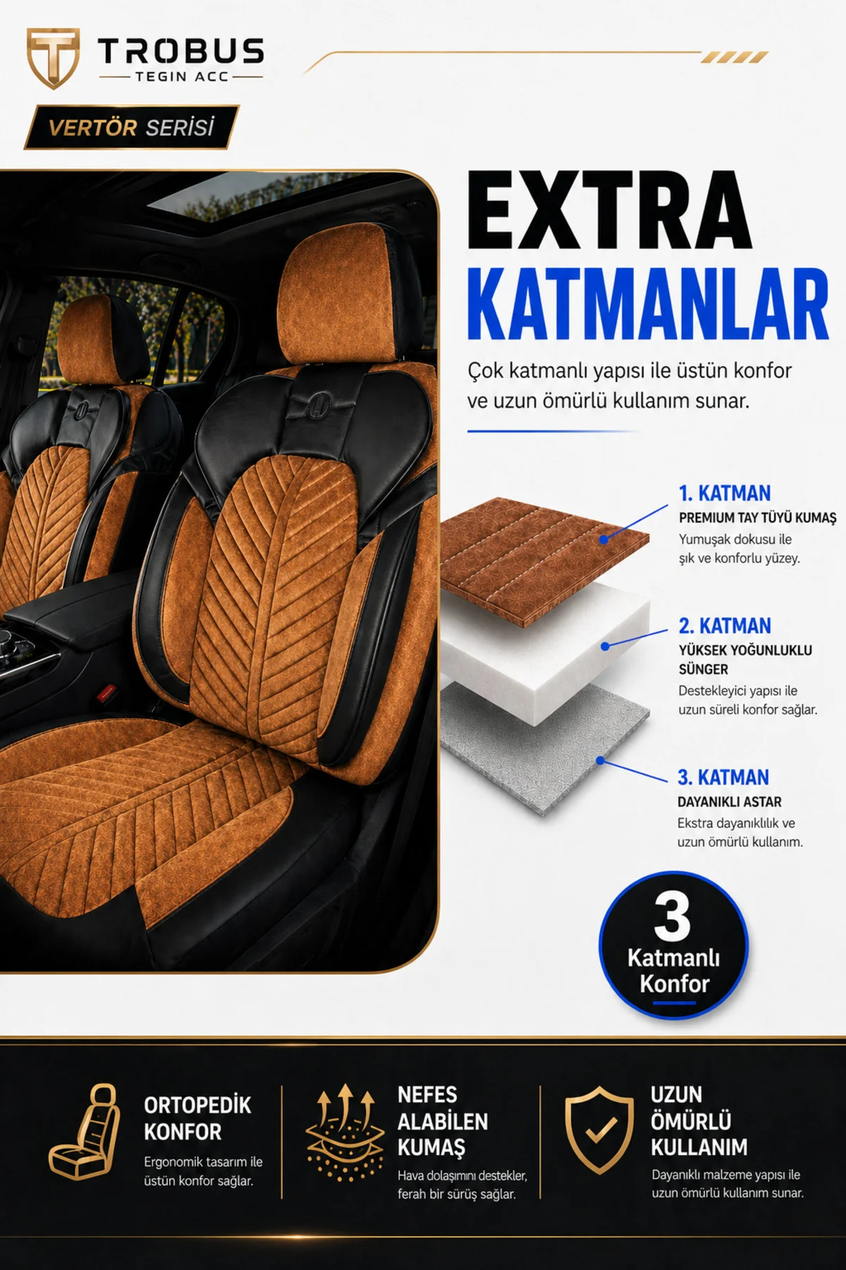 Renault Toros 1989-2000 Uyumlu Süvari Serisi Tay Tüyü Taba Premium Koltuk Kılıfı