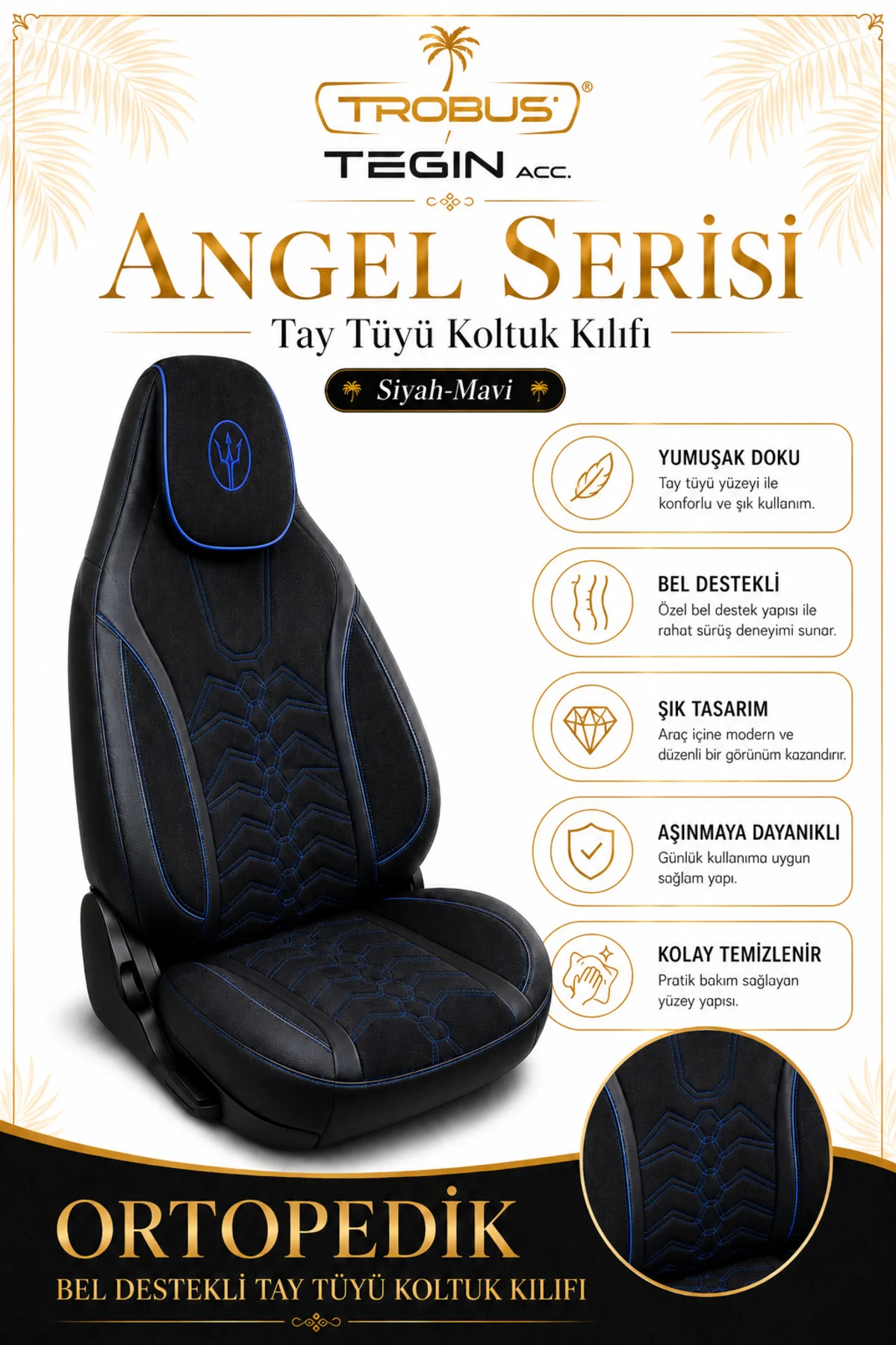 Renault Toros 1989-2000 Uyumlu Angel Serisi Tay Tüyü Koltuk Kılıfı Siyah Mavi Fiyatı, Yorumları ve Özellikleri