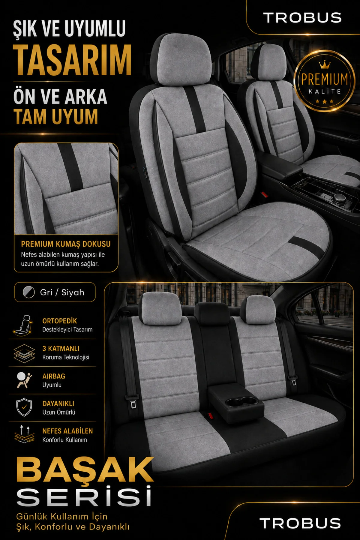 Renault Trafic Oto Koltuk Kılıfı 2007 2008 2009 2010 2011 2012 2013 2014 Gri Başak Serisi Tay Tüyü
