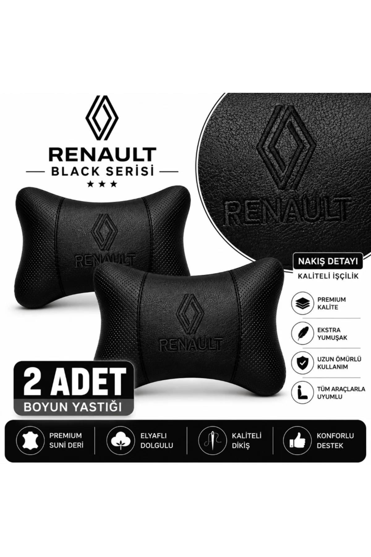 Renault Yeni Logo Black Serisi 2 Adet Araç Boyun Yastığı Siyah Premium Suni Deri Elyaf Dolgulu Oto Boyun Desteği Renault Yeni Logo Black Serisi 2 Adet Araç Boyun Yastığı Siyah Premium Suni Deri Elyaf Dolgulu Oto Boyun Desteği