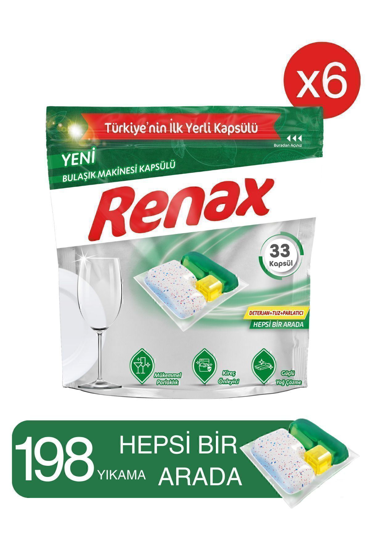Renax  Bulaşik Makinesi Kapsülü Hepsi Bir Arada 33 Lü X 6 Adet