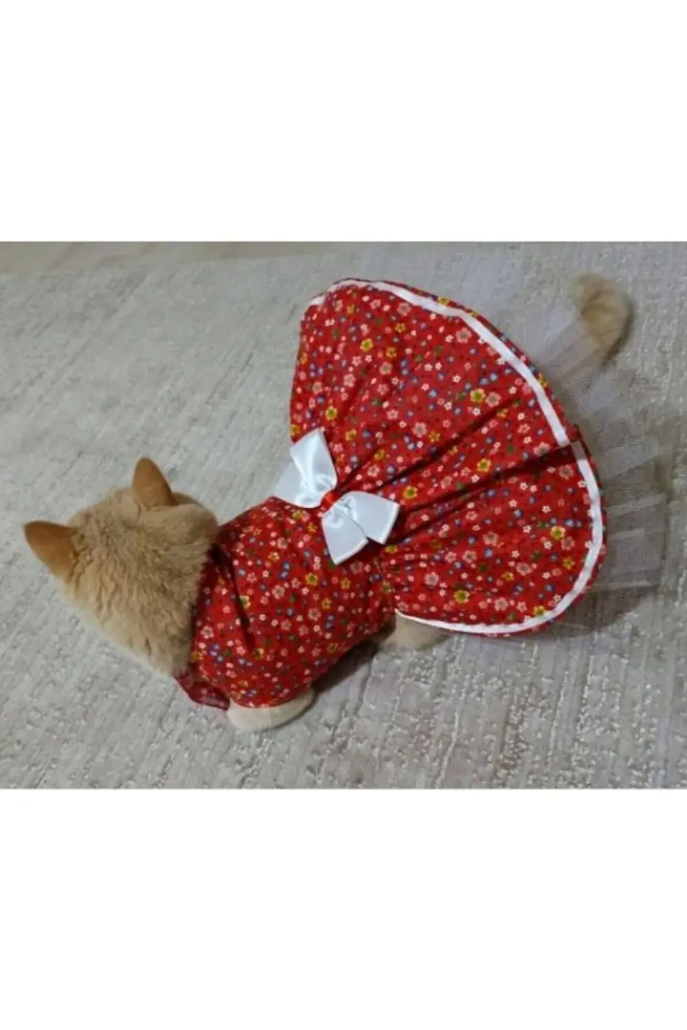 Rengarenk Çiçekli Beyaz Kurdeleli Kedi ve Köpek Kıyafeti Elbisesi
