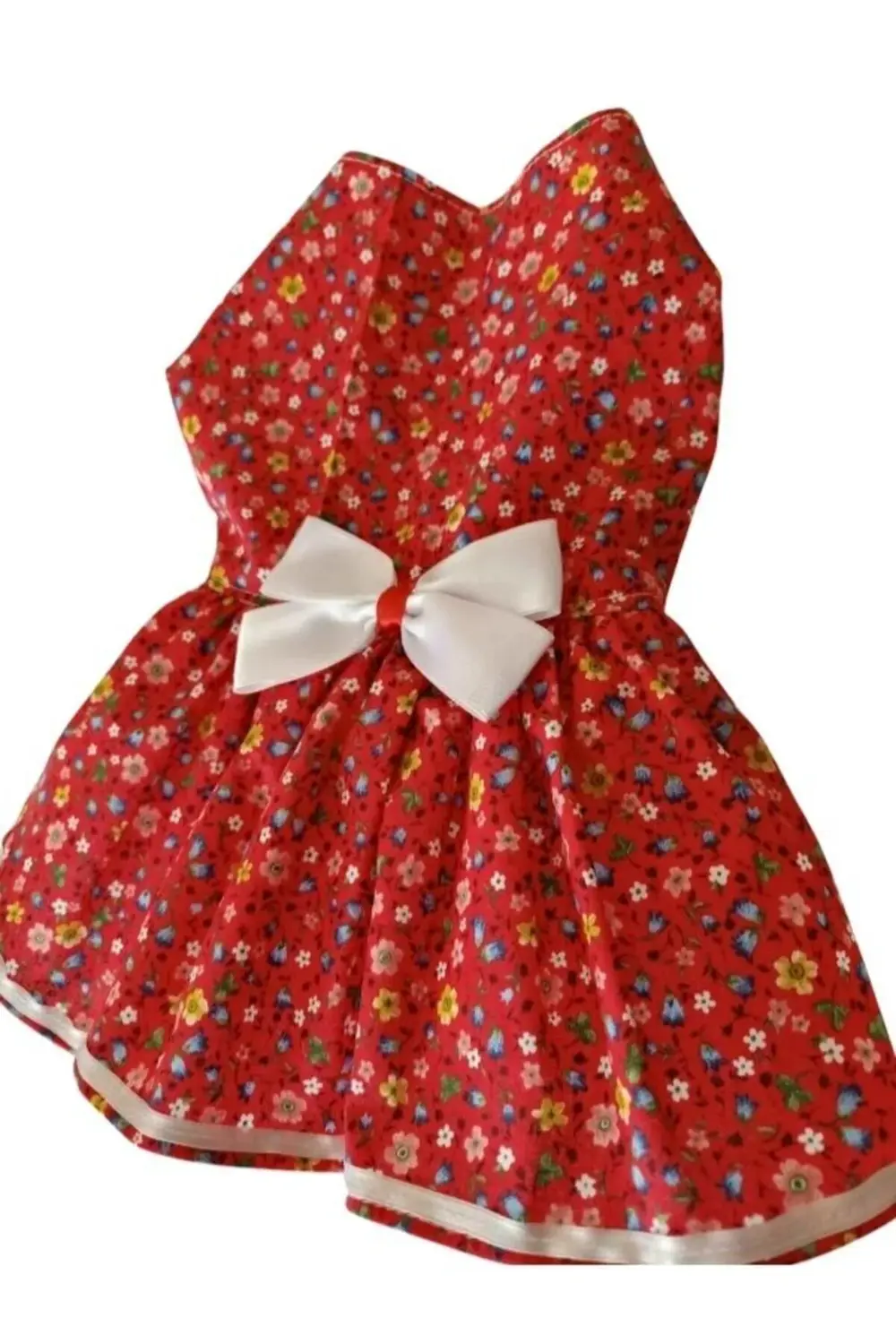 Rengarenk Çiçekli Beyaz Kurdeleli Kedi ve Köpek Kıyafeti Elbisesi