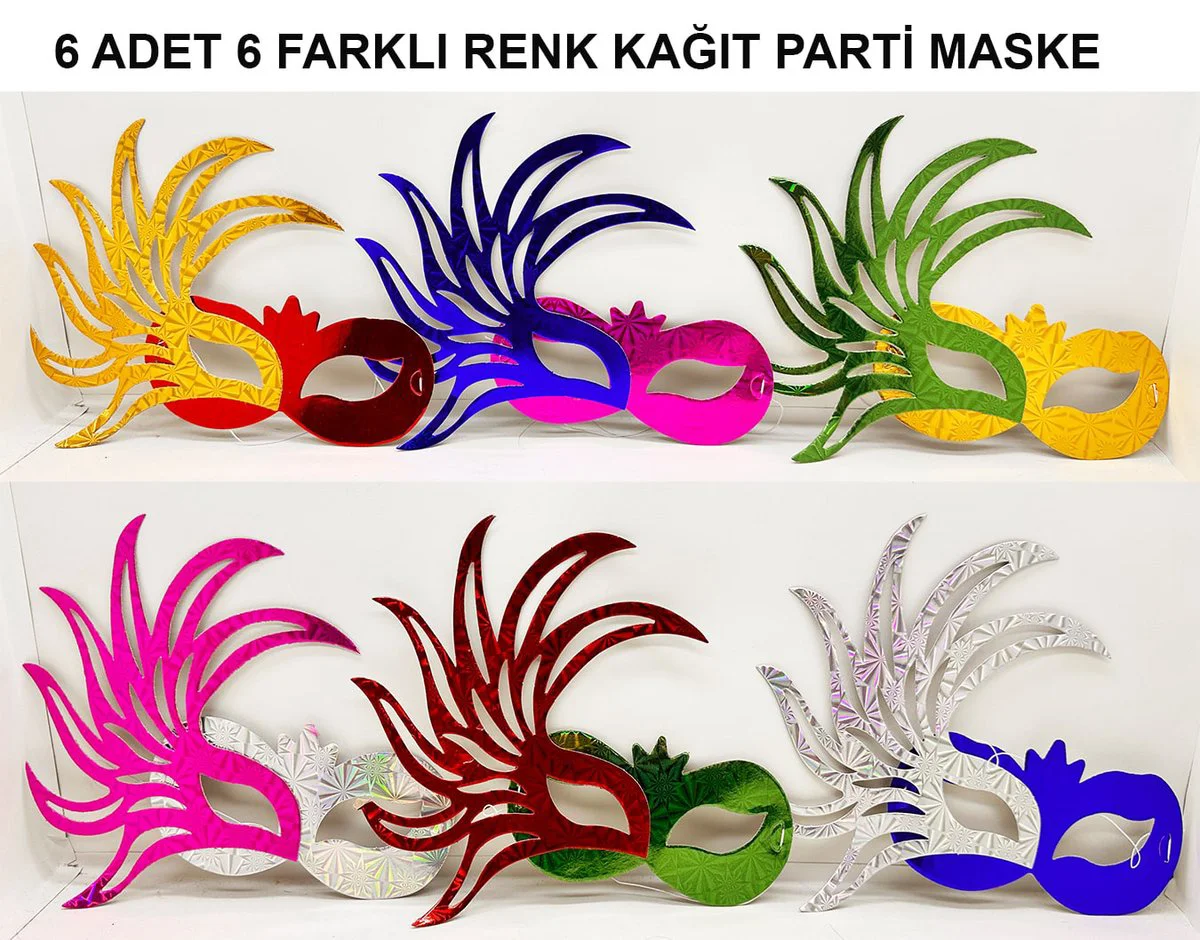 Rengarenk Kağıt Parti Balo Maskesi - 6 Adet Şık ve Eğlenceli Part