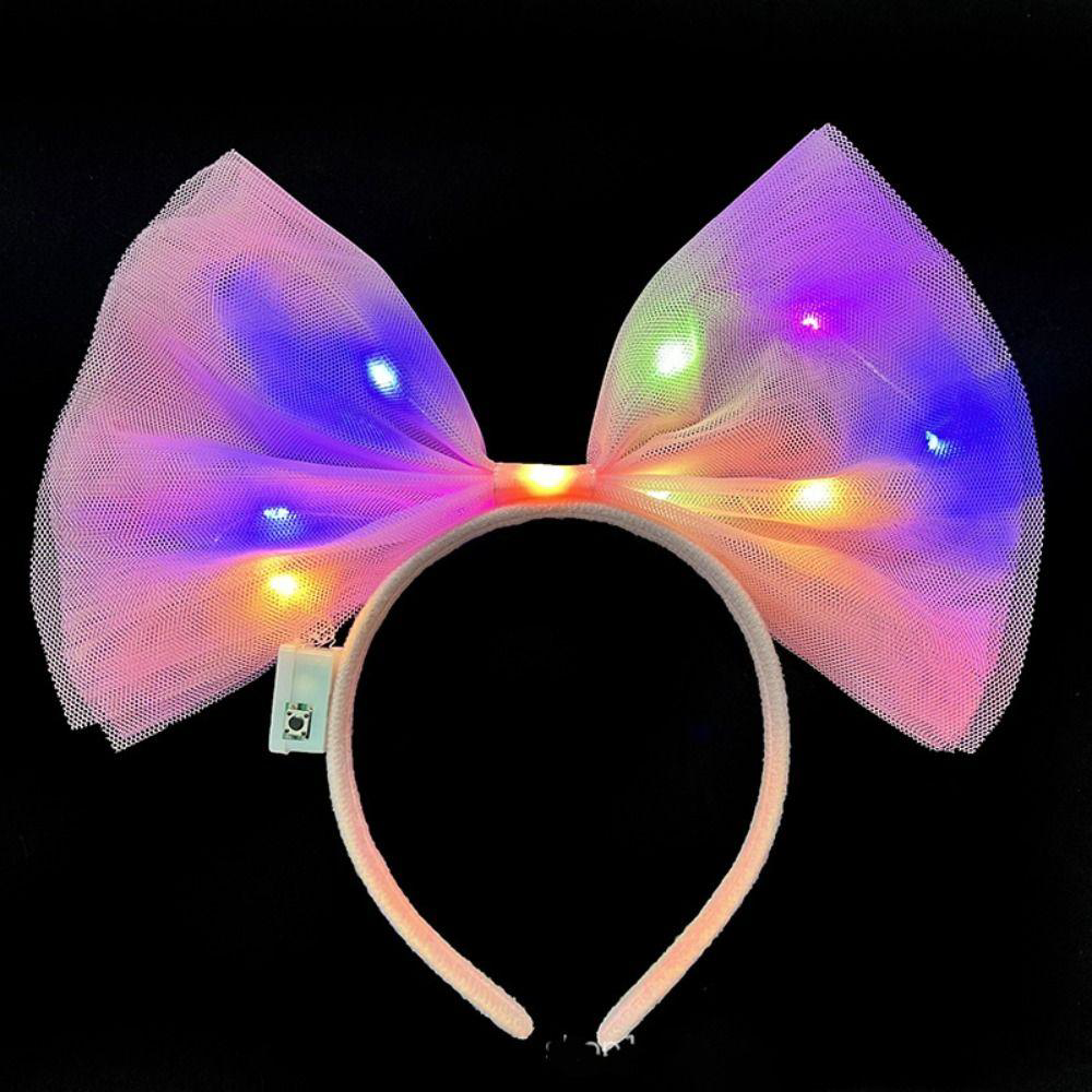 Rengarenk Led Işıklı Fiyonk Şekilli Tül Parti Tacı Pembe Renk 25x