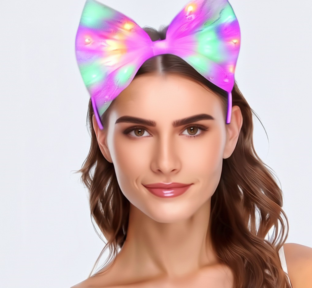 Rengarenk Led Işıklı Fiyonk Şekilli Tül Parti Tacı Pembe Renk 25x