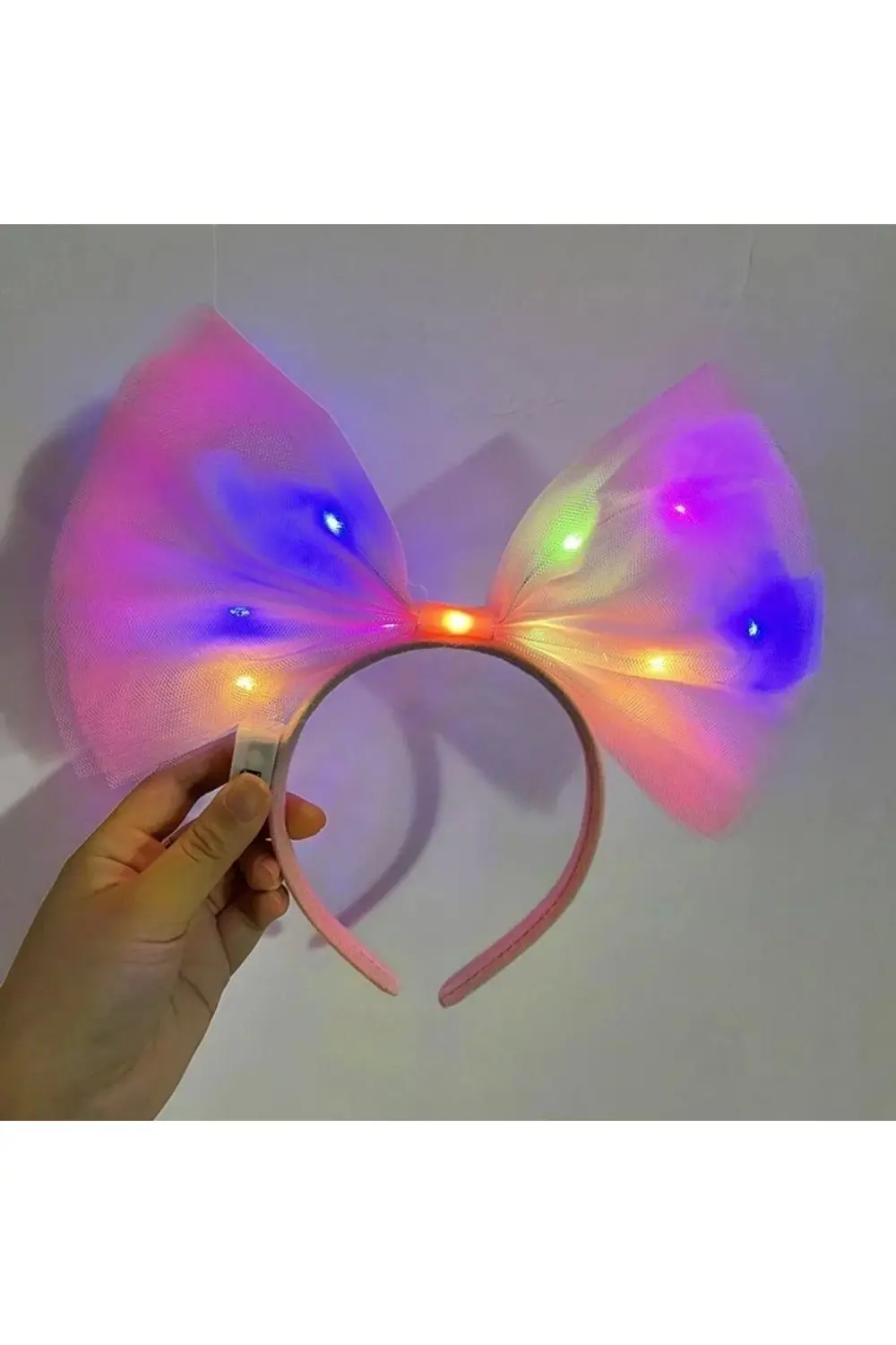 Rengarenk Led Işıklı Fiyonk Şekilli Tül Parti Tacı Pembe Renk 25x