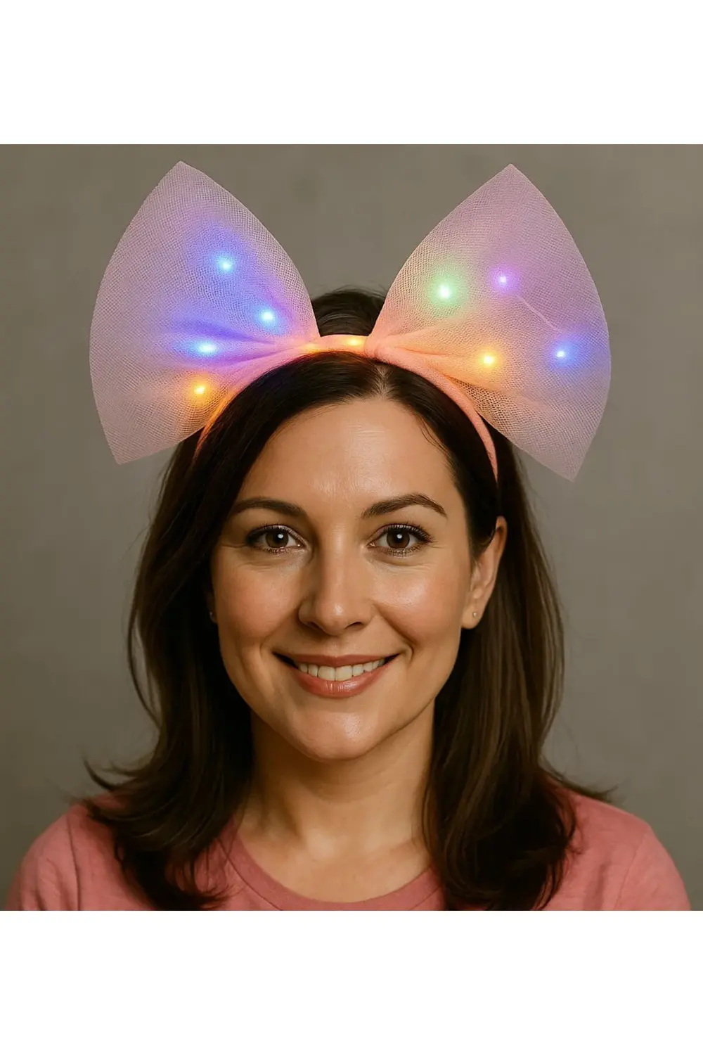 Rengarenk Led Işıklı Fiyonk Şekilli Tül Parti Tacı Pembe Renk 25x