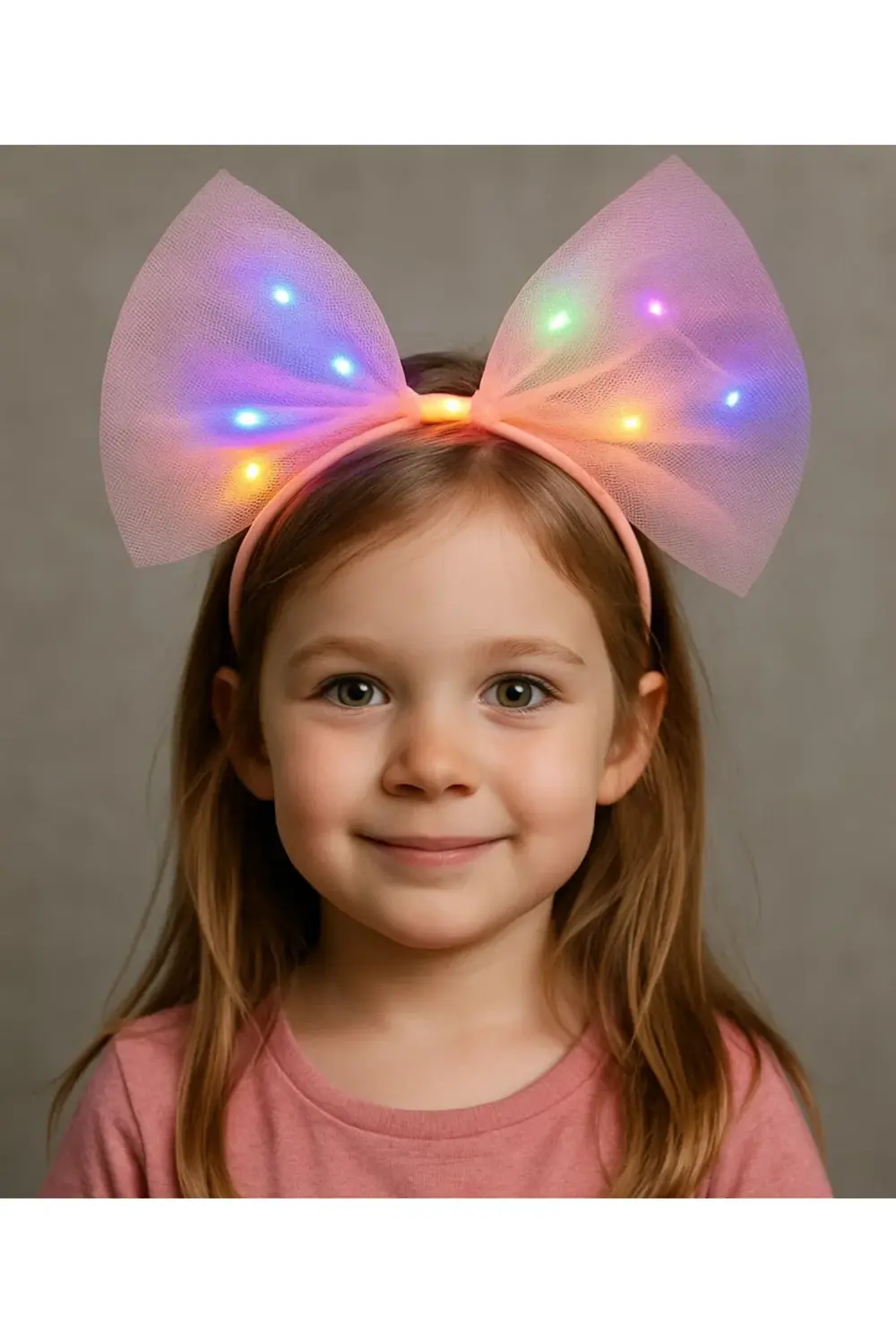 Rengarenk Led Işıklı Fiyonk Şekilli Tül Parti Tacı Pembe Renk 25x