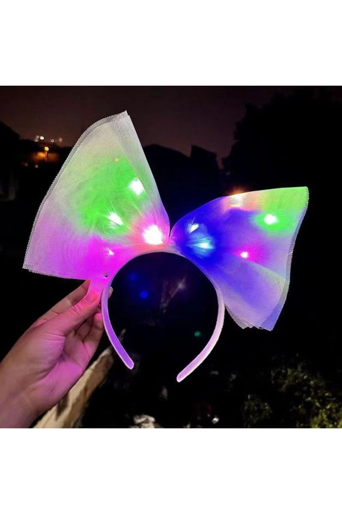 Rengarenk Led Işıklı Fiyonk Şekilli Tül Parti Tacı Beyaz Renk 25x