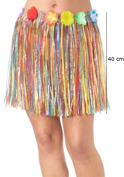 Rengarenk Püsküllü Hawaii Etek - Luau Hula Etek 40cm, Cırtcırtlı Ayarlanabilir Bel