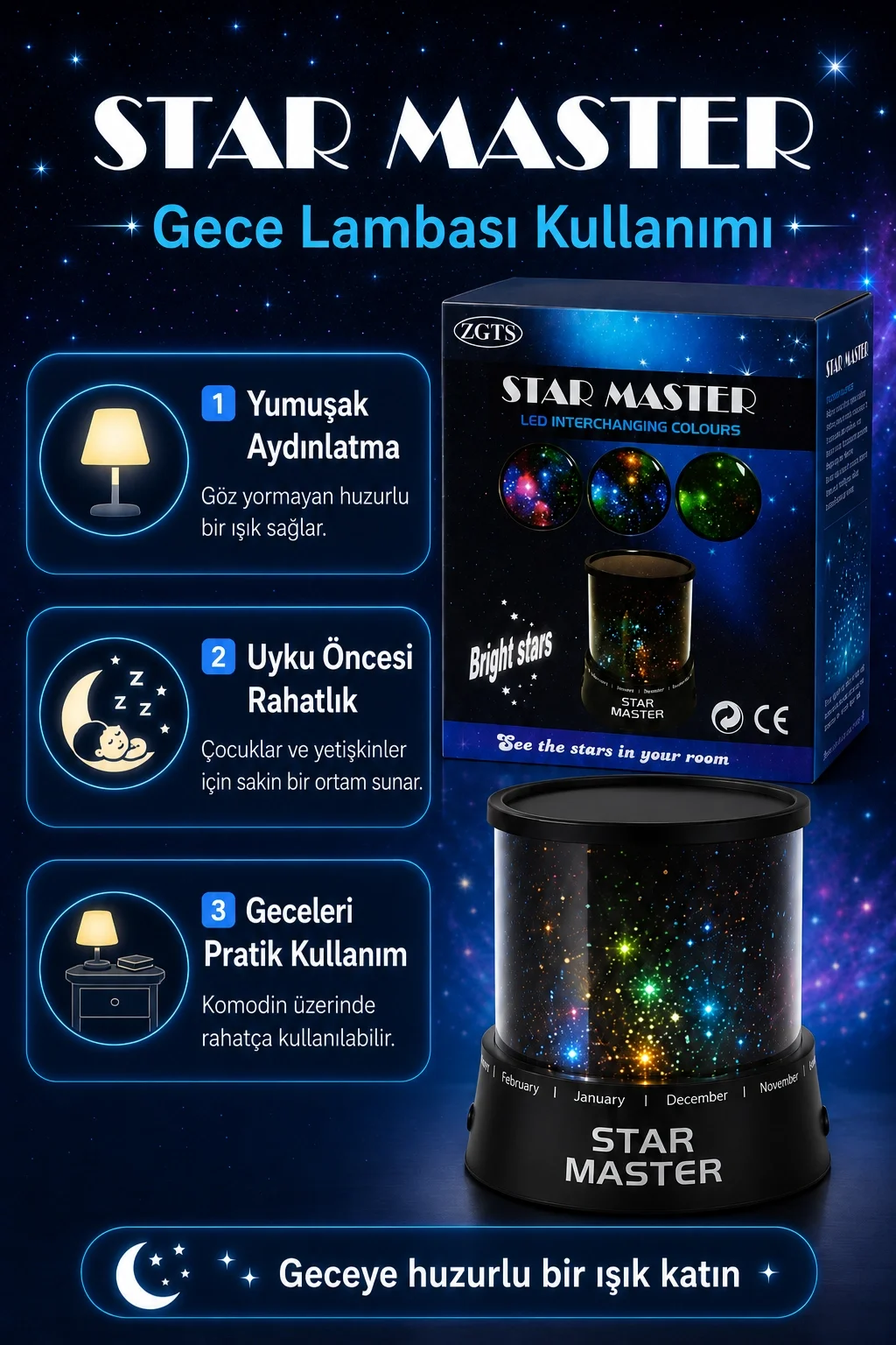 Renk Değiştiren LED Yıldız Projektör Gece Lambası Oda Tavanı İçin Dekoratif Işık Fiyatı, Yorumları ve Özellikleri