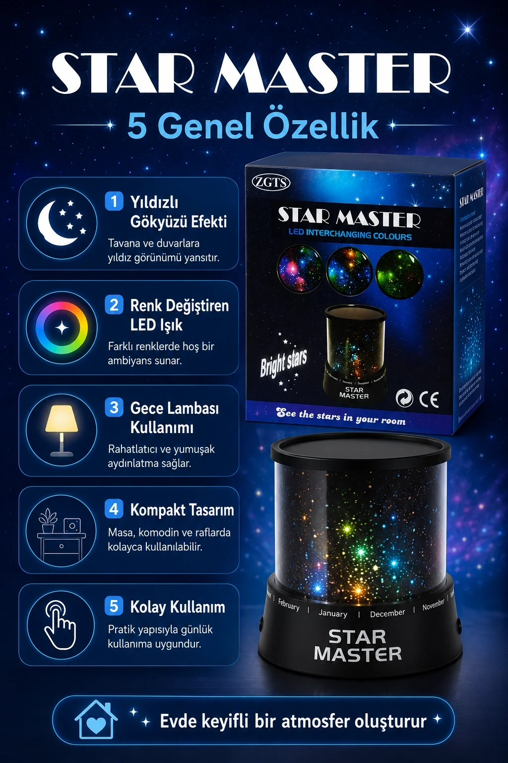 Renk Değiştiren LED Yıldız Projektör Gece Lambası Oda Tavanı İçin Dekoratif Işık Fiyatı, Yorumları ve Özellikleri