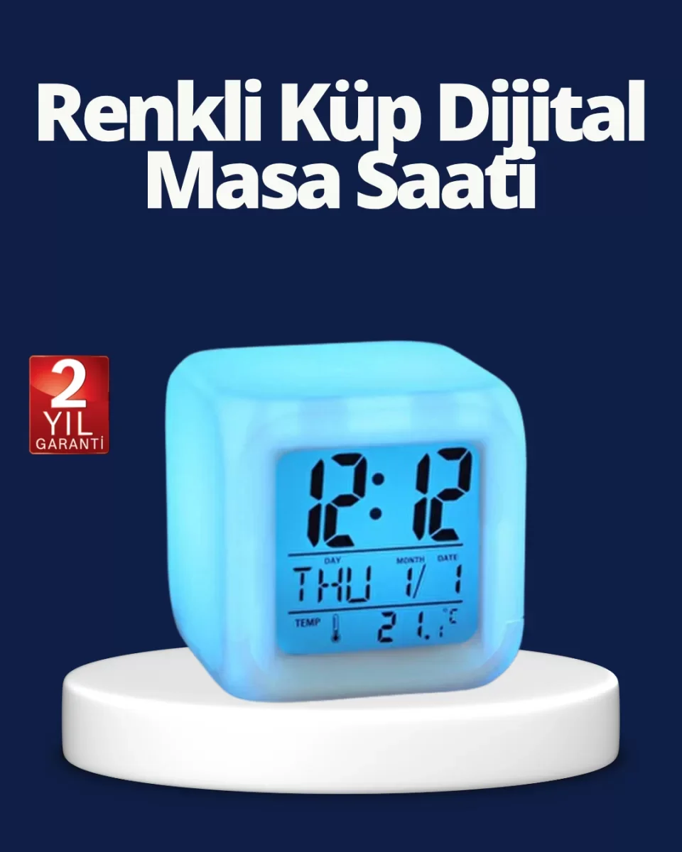 Renk Değiştiren LED Alarmlı Dijital Küp Masa Saati - Lisinya