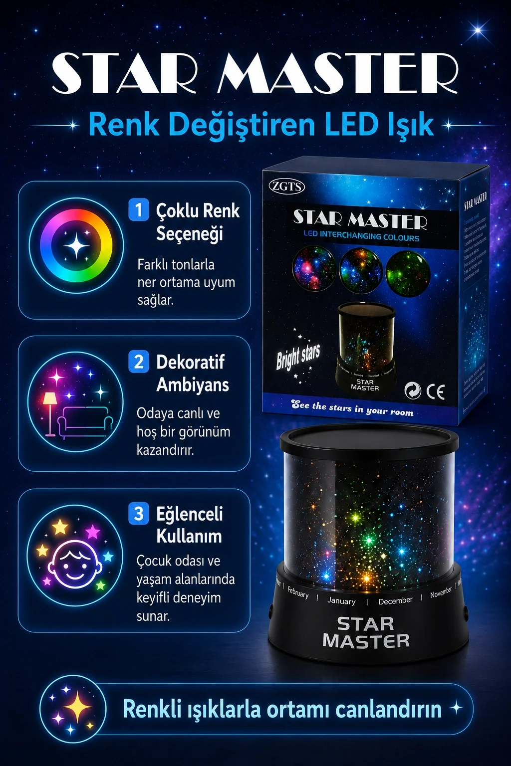 Renk Değiştiren LED Yıldız Projektör Gece Lambası Oda Tavanı İçin Dekoratif Işık Fiyatı, Yorumları ve Özellikleri