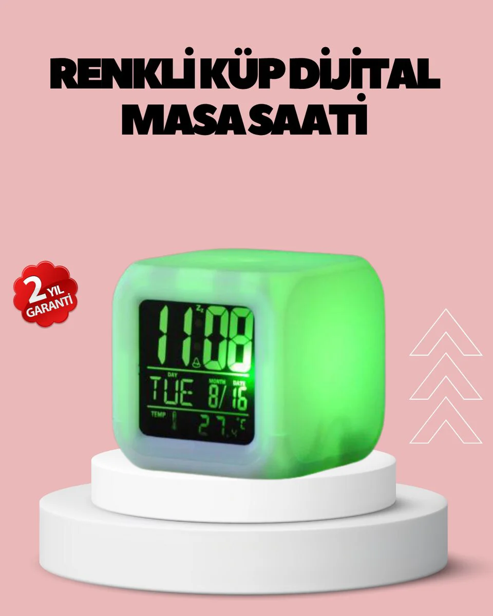 Renk Değiştiren LED Dijital Küp Saat - Takvim, Kronometre, Müzikli Alarm ve 7 Renkli Ambiyans
