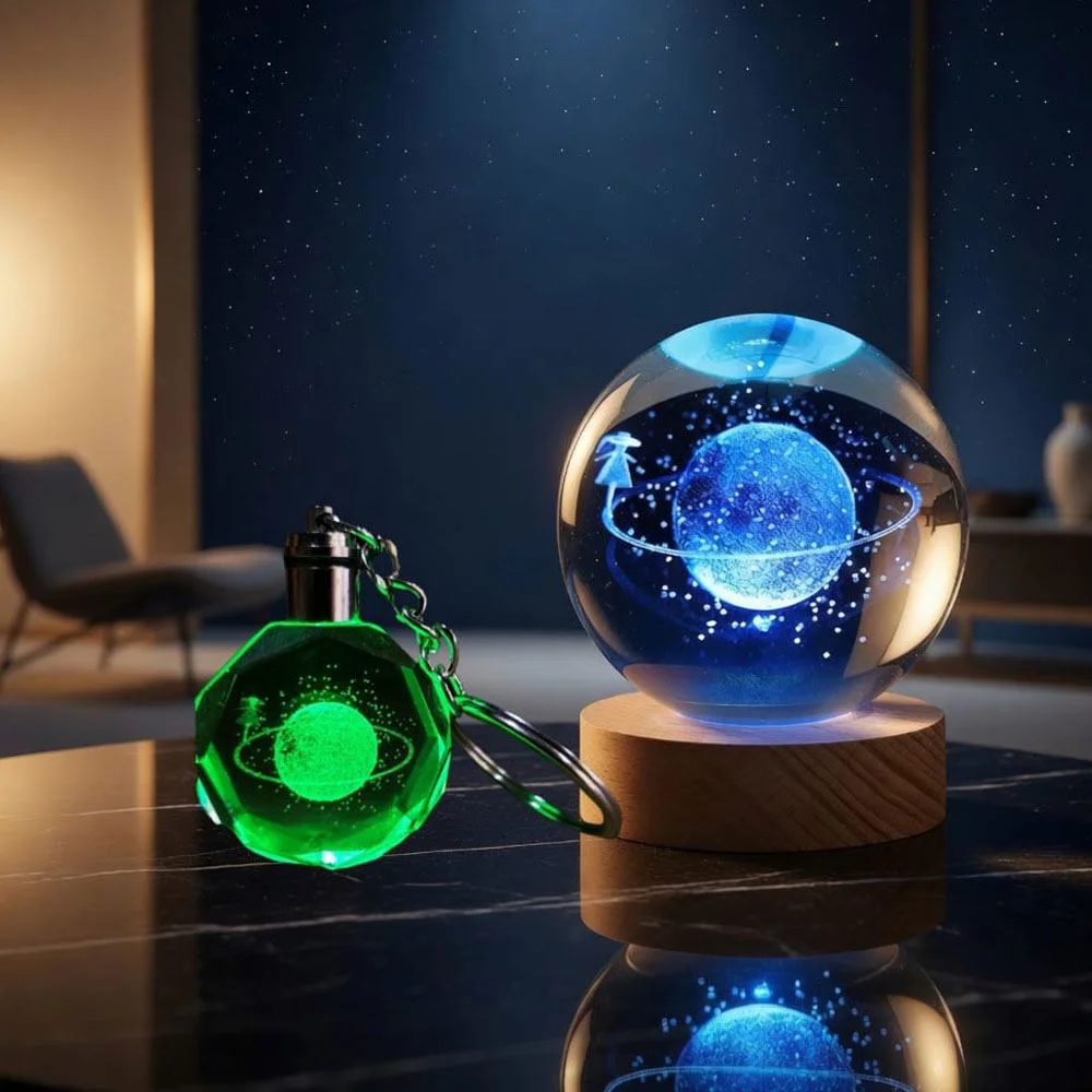 Renk Değiştiren Satürn Temalı Cam Küre ve Kristal Anahtarlık Seti