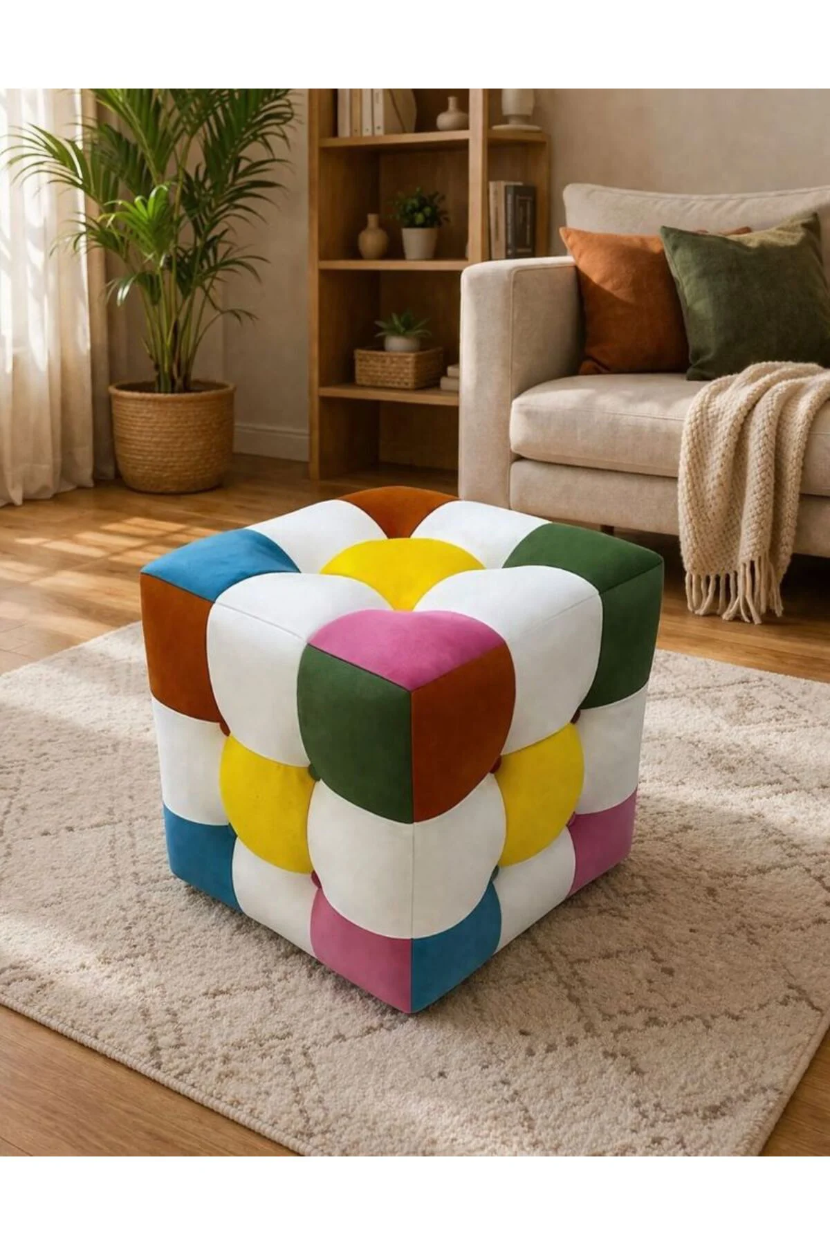 Renk Mozaiği Patchwork Puf - Modern Dekoratif Puf