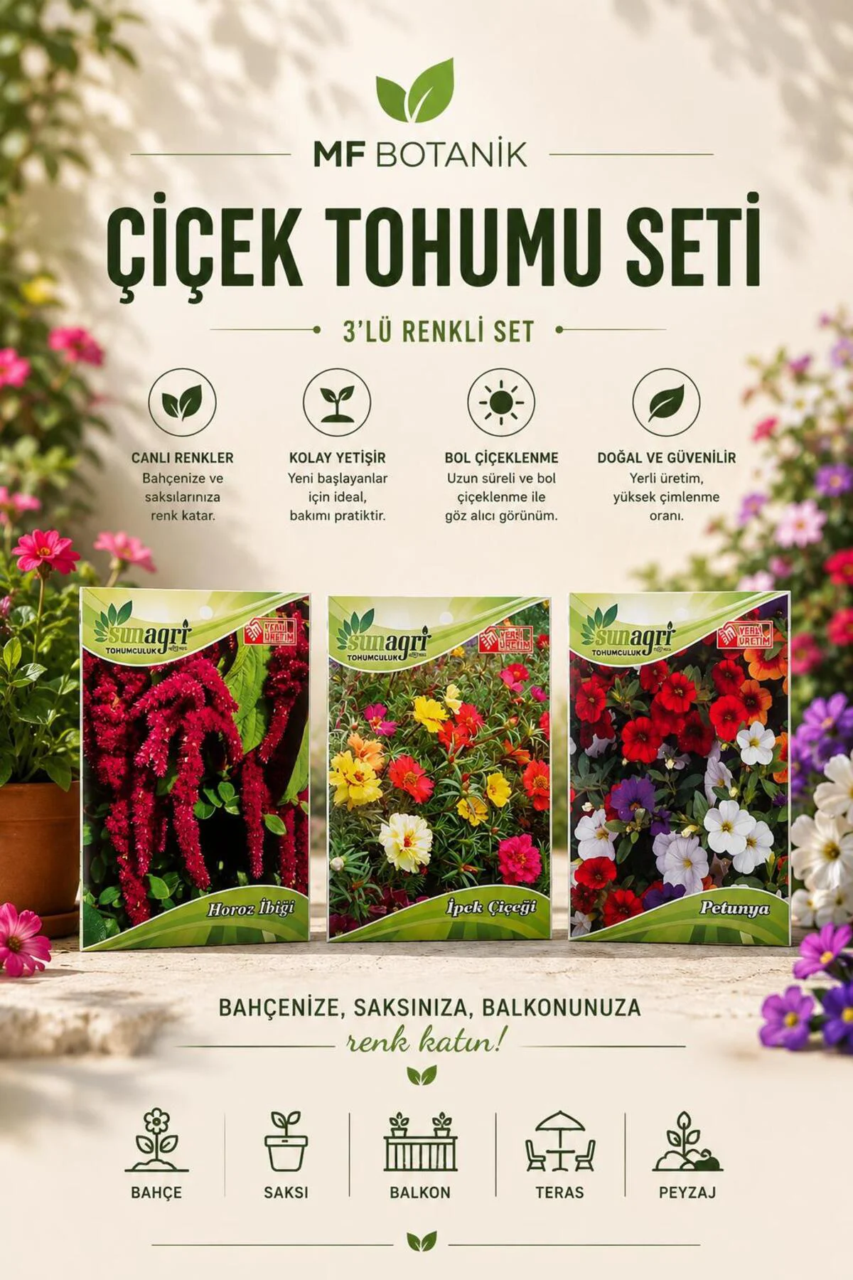 Renk Şöleni 3’lü Çiçek Tohumu Seti – Horoz İbiği, İpek Çiçeği ve Petunya Fiyatı, Yorumları ve Özellikleri
