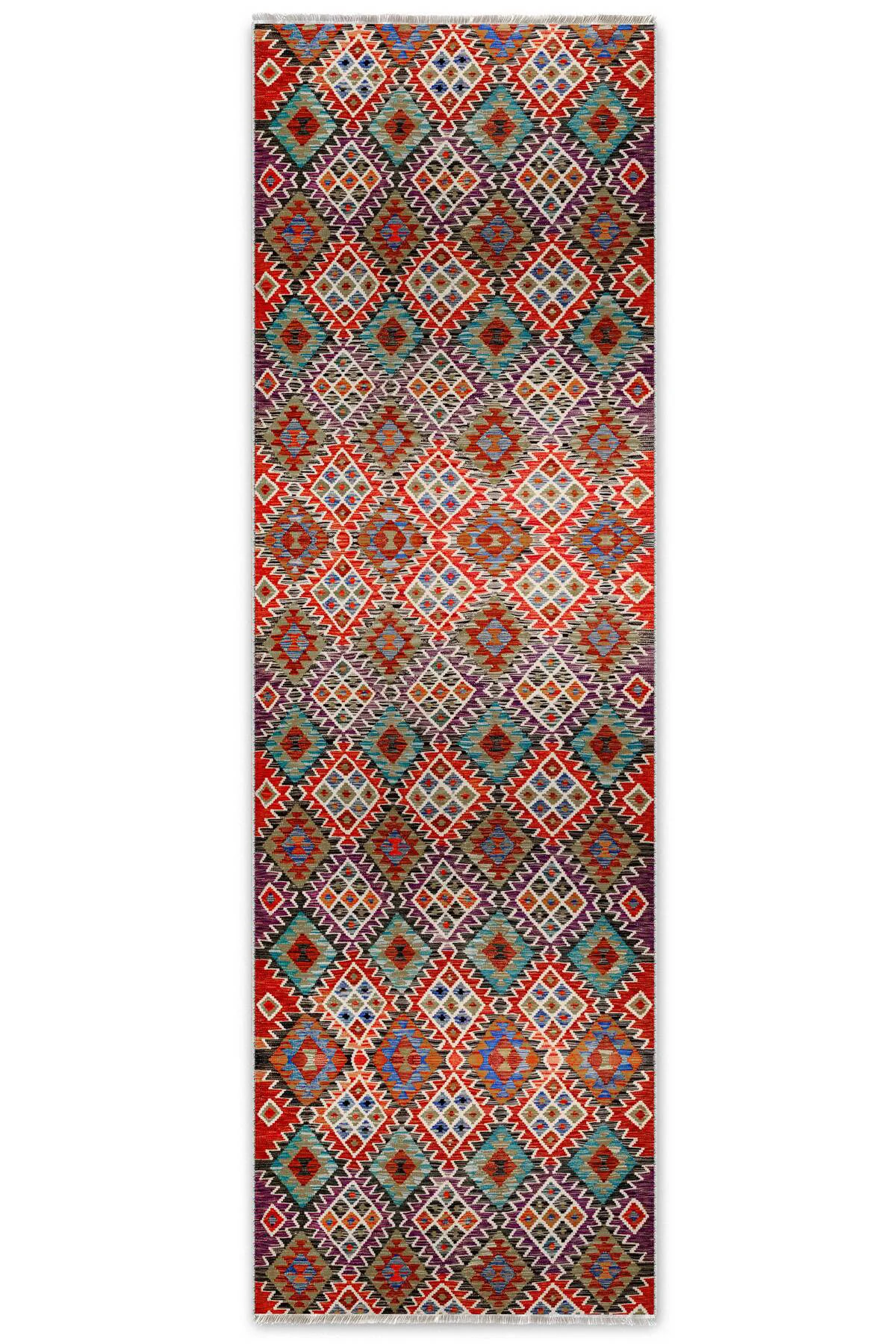 Renkli Anadolu Kilim Şönil Halı Yolluk Yıkanabilir Saçaklı Kaymaz