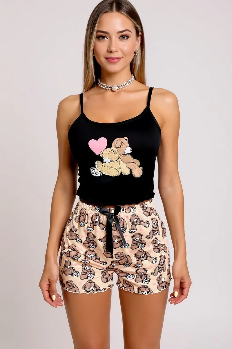 Renkli Ayıcık Desenli Askılı Şortlu Kadın Pijama Takımı - Likralı Mikro Kumaş