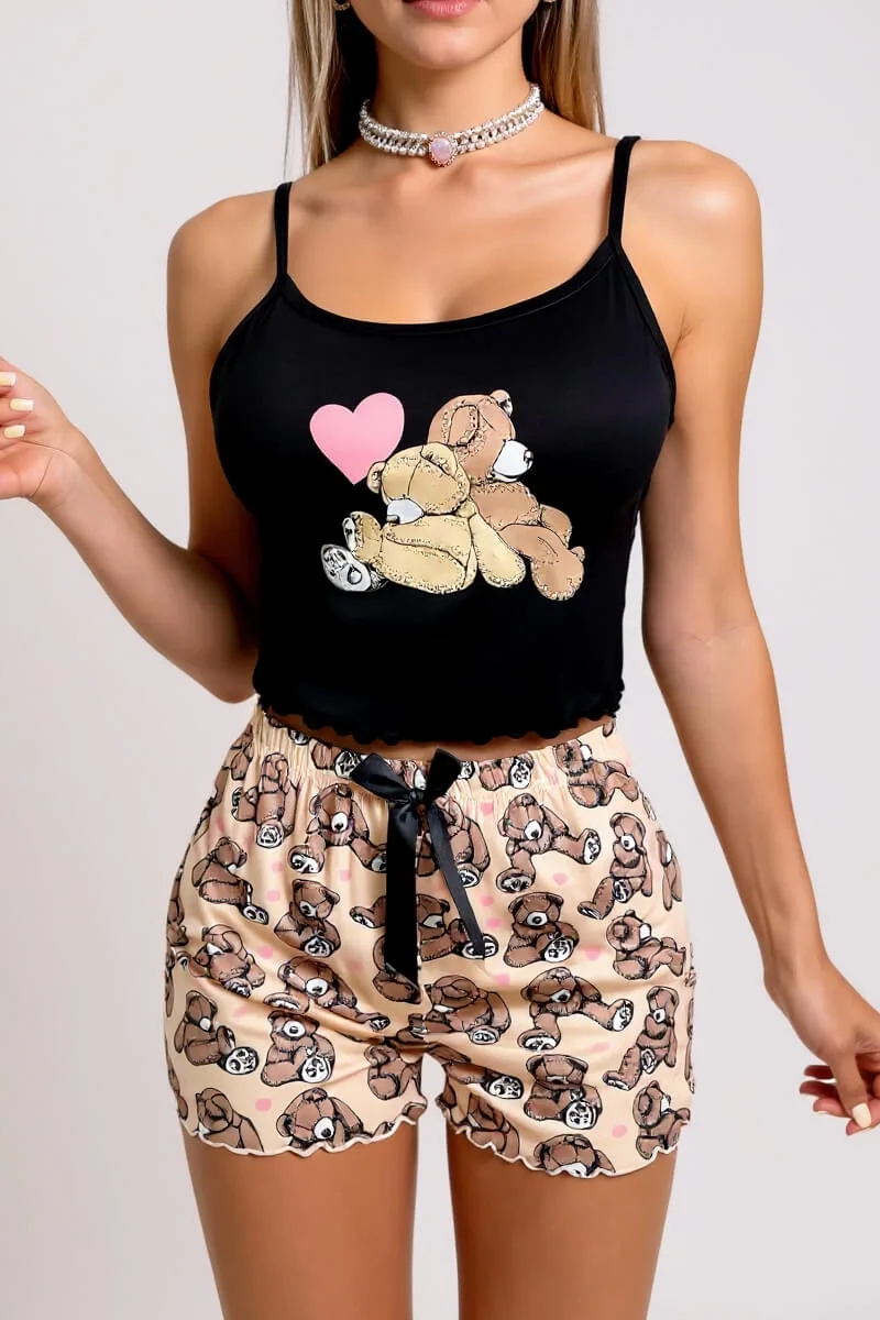 Renkli Ayıcık Desenli Askılı Şortlu Kadın Pijama Takımı - Likralı Mikro Kumaş
