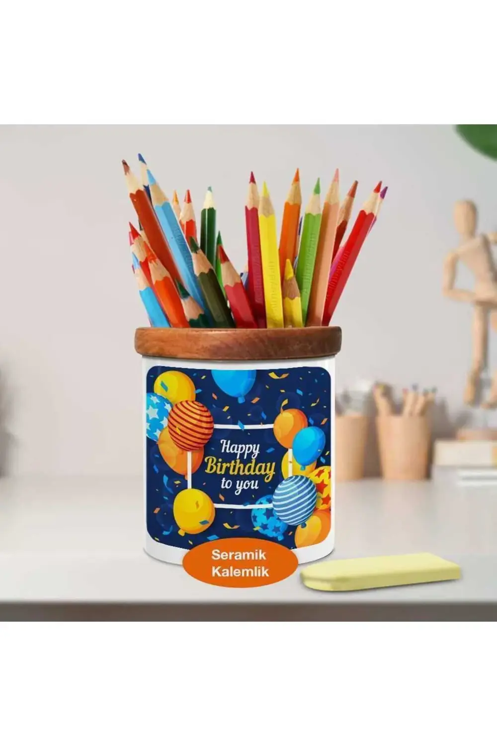 Renkli Balon Temalı Birthday To You Ahşaplı Seramik Kalemlik -21