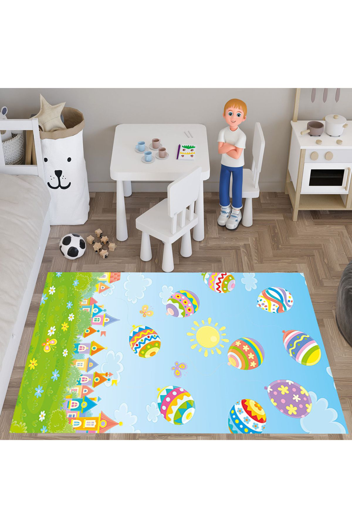 Evan Home Renkli Balonlar  Desenli  Dijital Baskı Yıkanabilir Kaymaz Taban Çocuk Odası Halısı