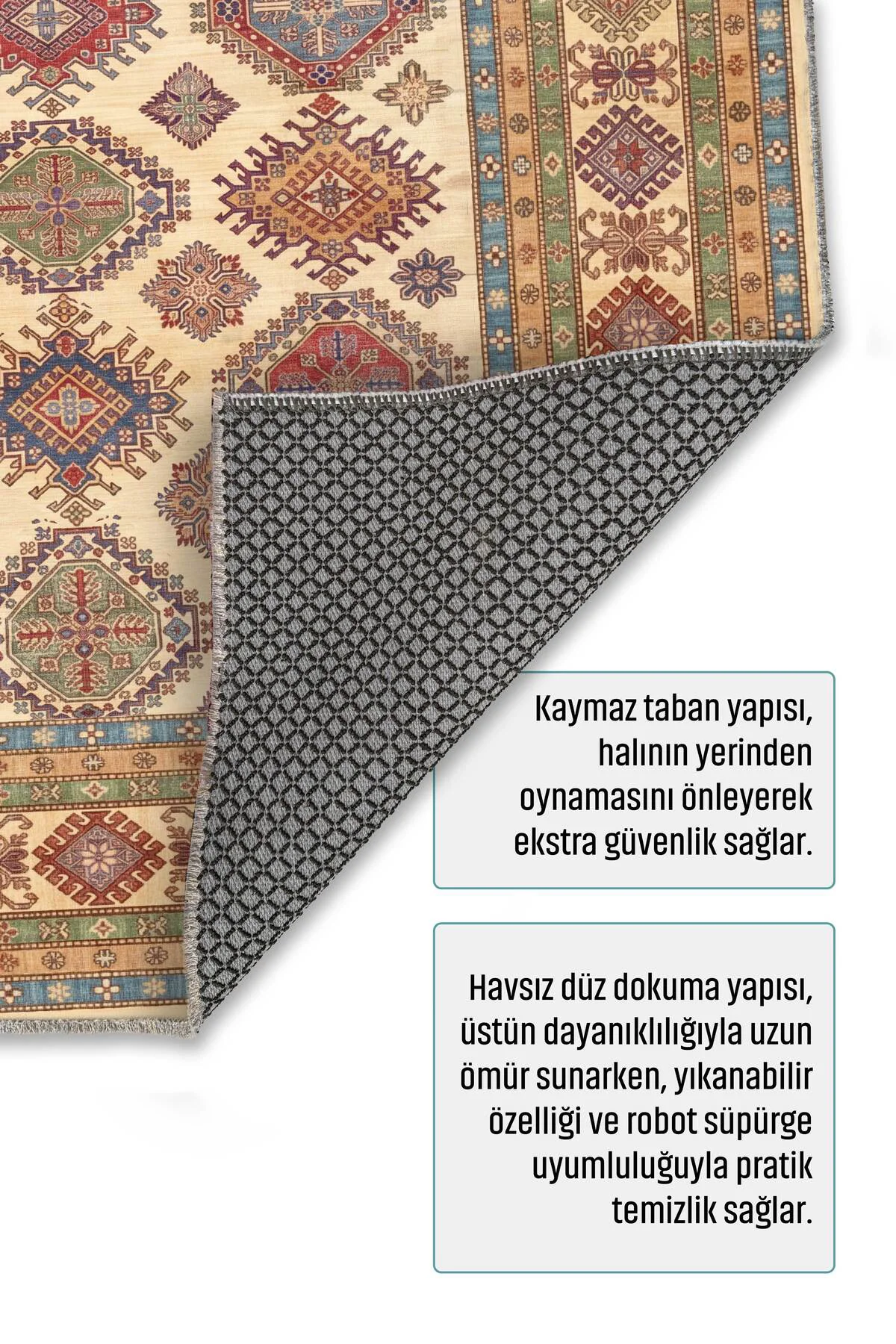 Renkli Bej Anadolu Kilim Şönil Halı Yolluk Kaymaz Yıkanabilir