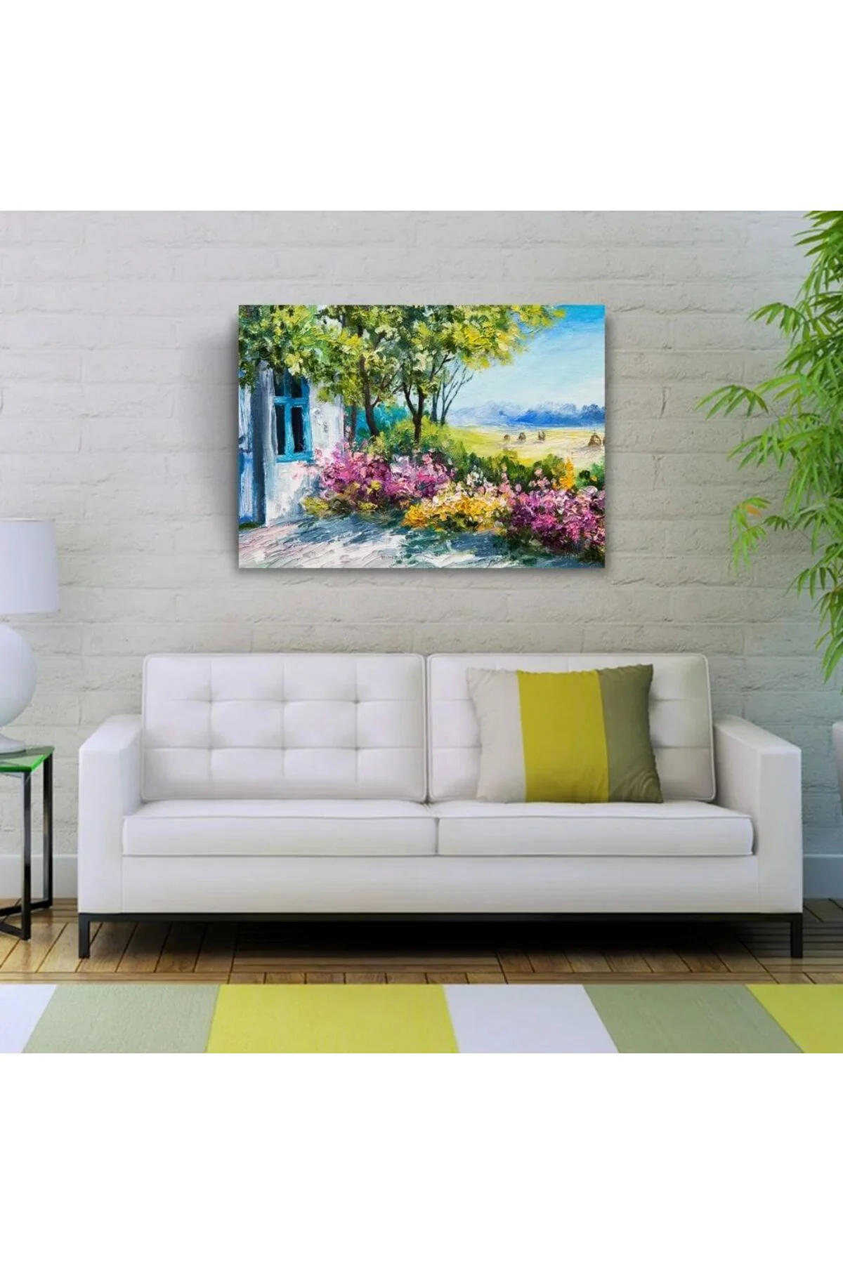 Renkli Çiçekler ve Bahar Manzarası Yağlıboya Kanvas Tablo 50 x 70