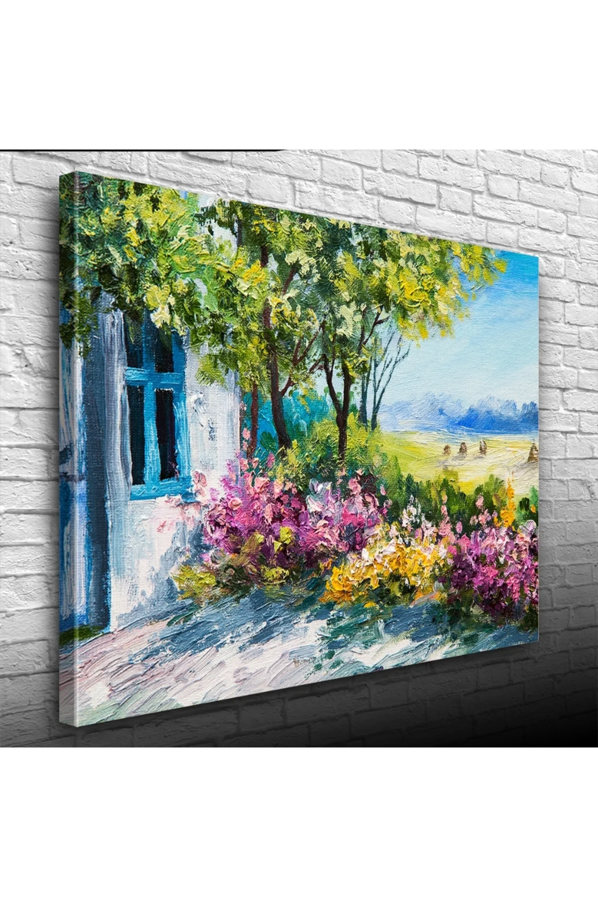 Renkli Çiçekler ve Bahar Manzarası Yağlıboya Kanvas Tablo 50 x 70