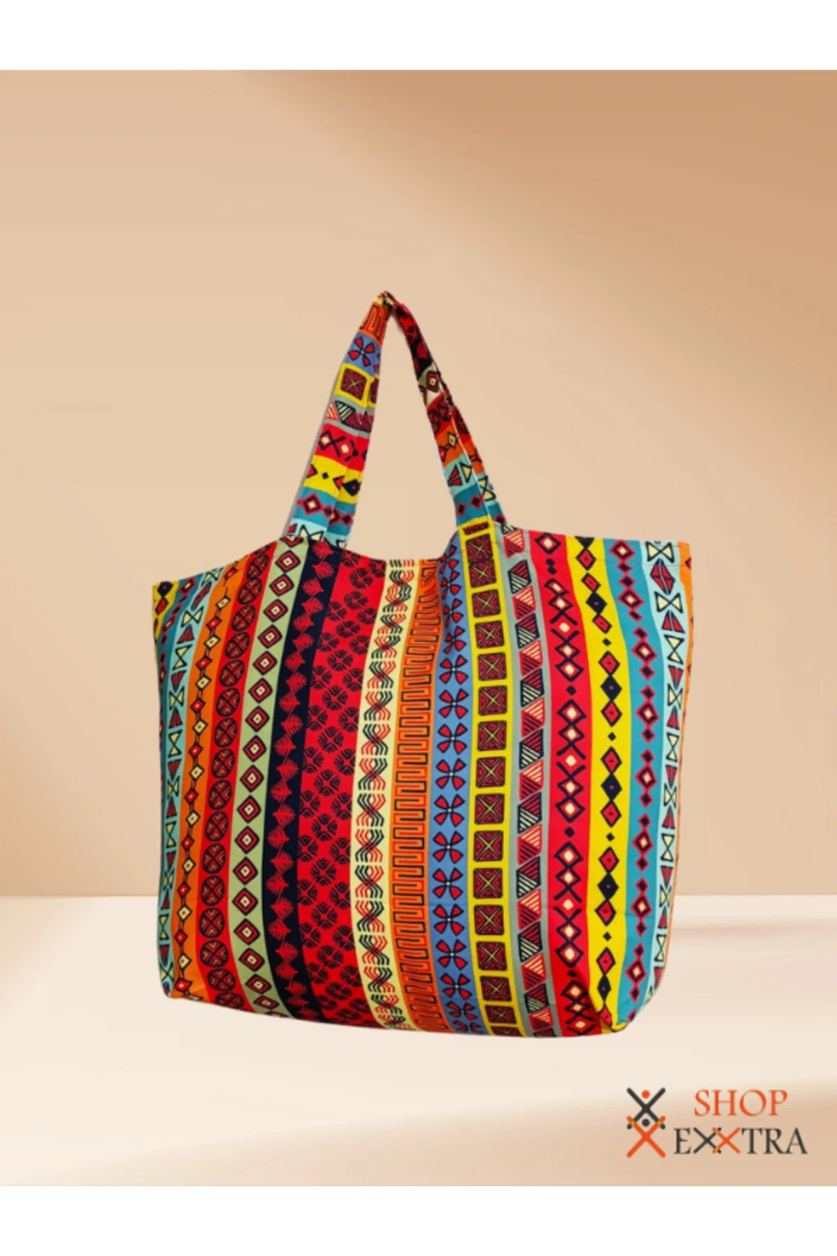Renkli Çizgili Kilim Desenli Büyük Keten Omuz - Plaj ve Alışveriş