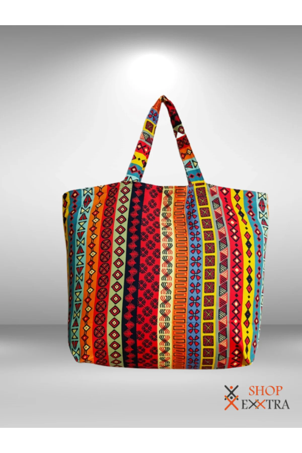 Renkli Çizgili Kilim Desenli Büyük Keten Omuz - Plaj ve Alışveriş